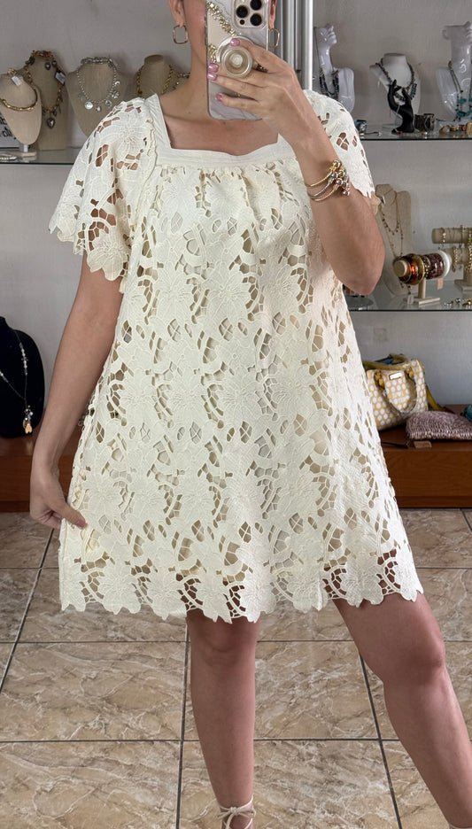Cream Floral Lace Mini Dress