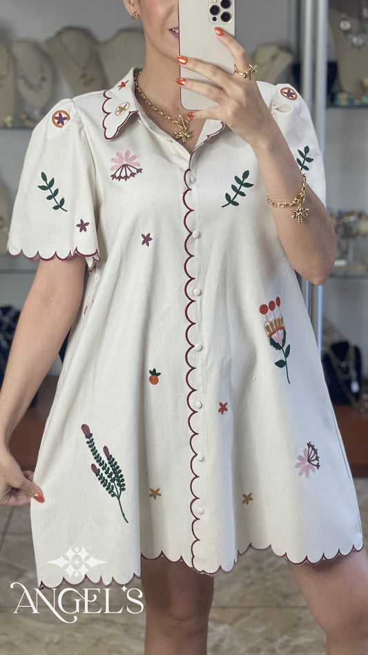 Oatmeal Embroidered Mini Dress