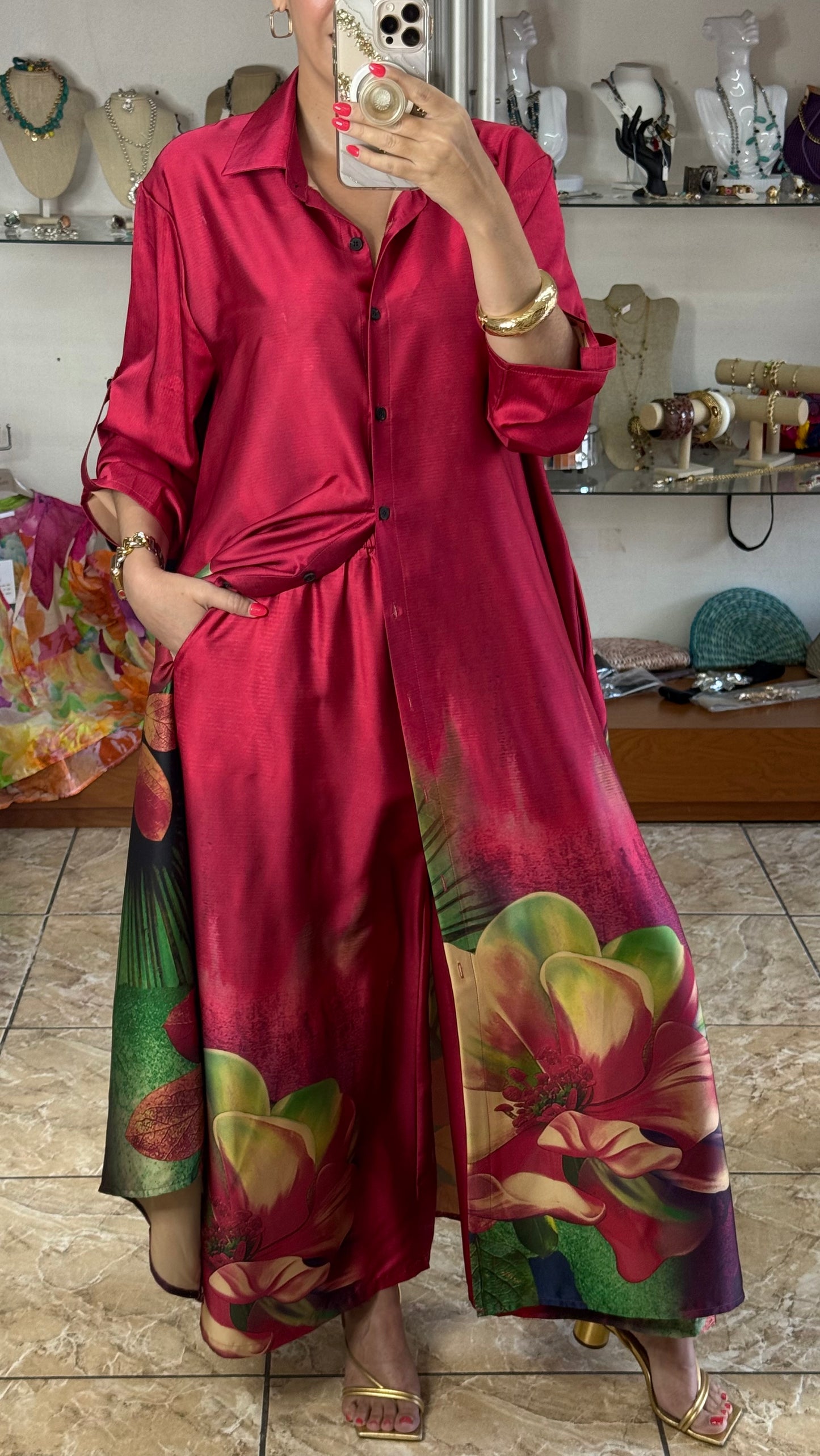 Pink Floral Silk OS Top/Dress & Pant Set (NO RETURNS OR EXCHANGE)