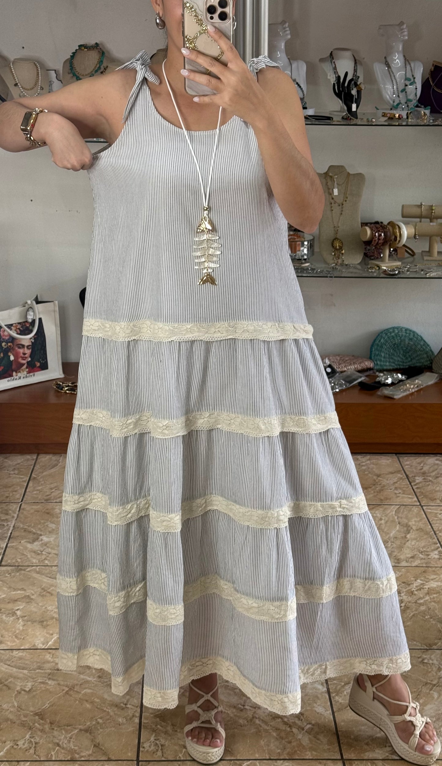 Blue/Cream Stripes with Lace Details Maxi Dress