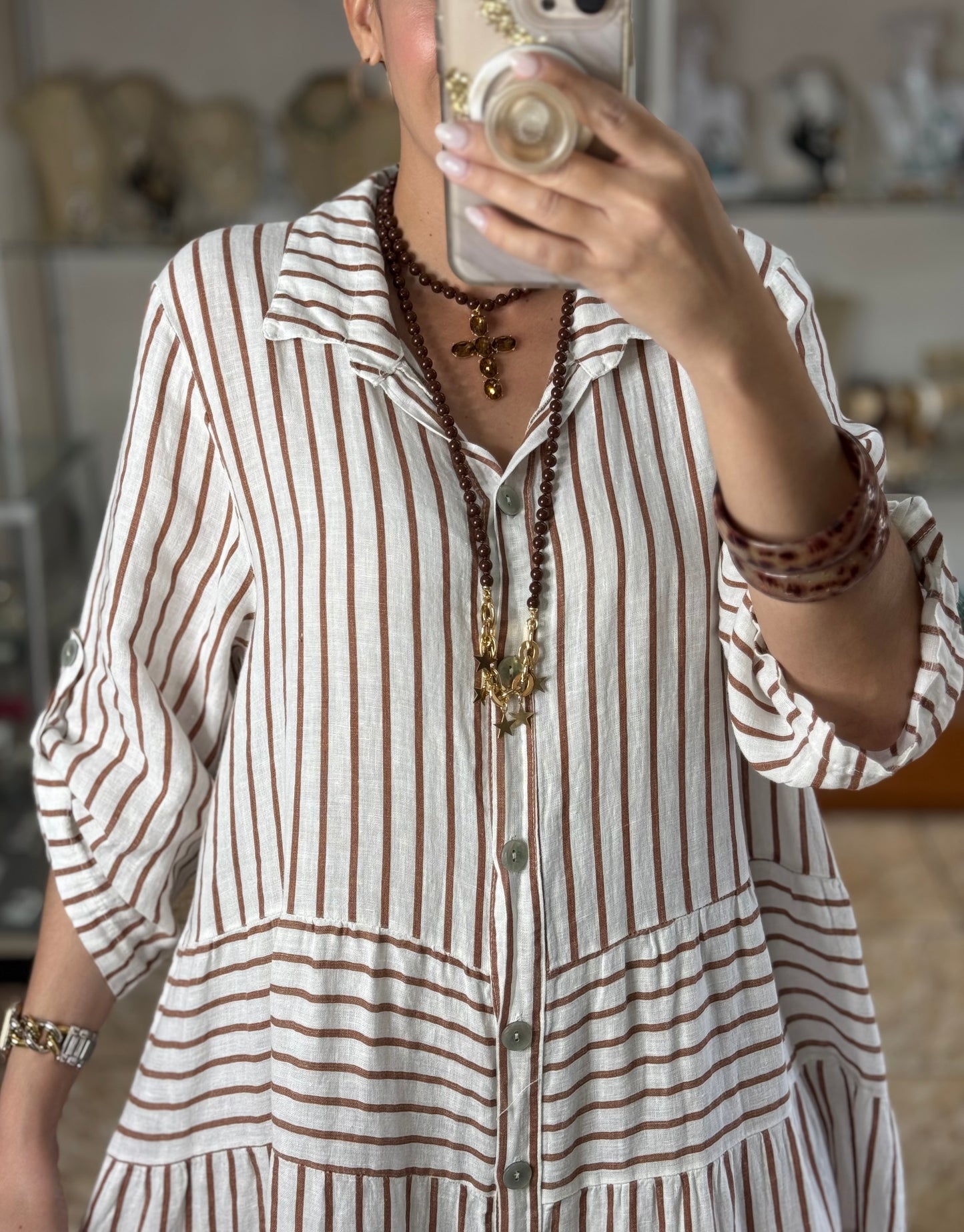 OS Linen Stripes Button Down Maxi Dress (NO RETURNS OR EXCHANGE)