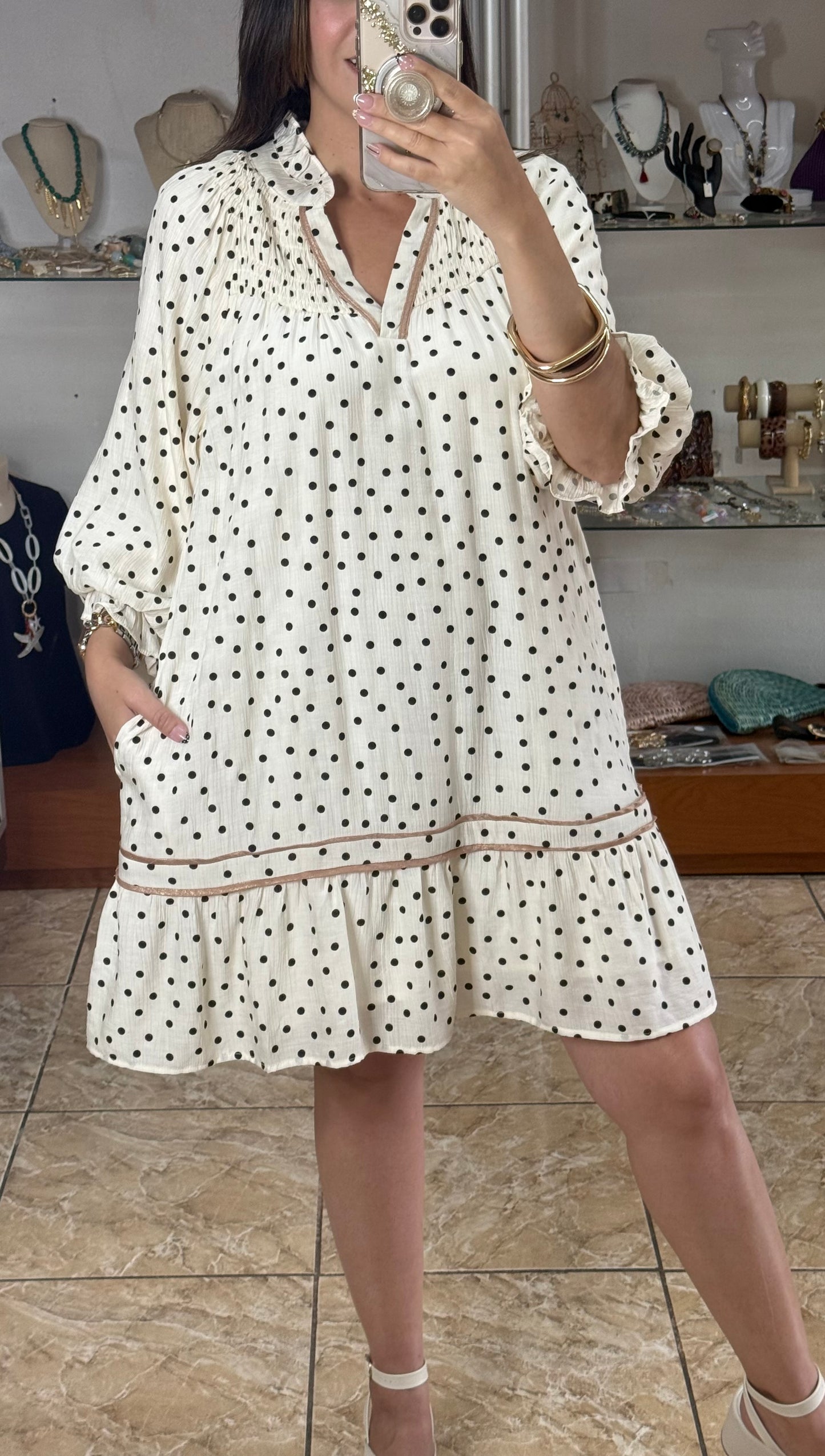 Ecru/Black Polkadot Mini Dress