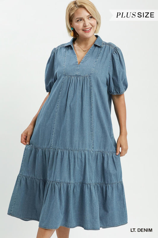 Lt. Denim Tiered Midi Dress (PLUS)
