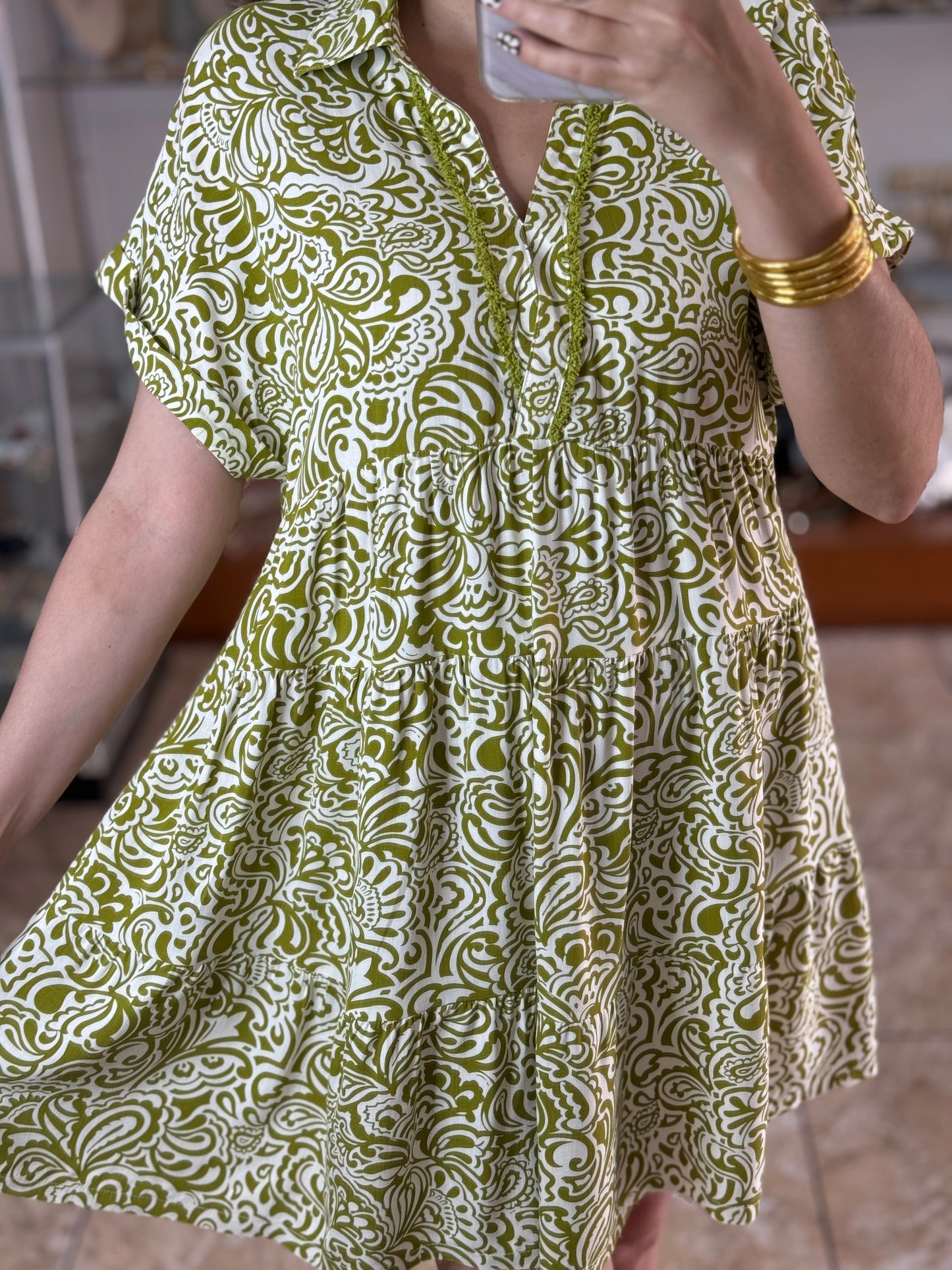Avocado Green Printed Mini Dress