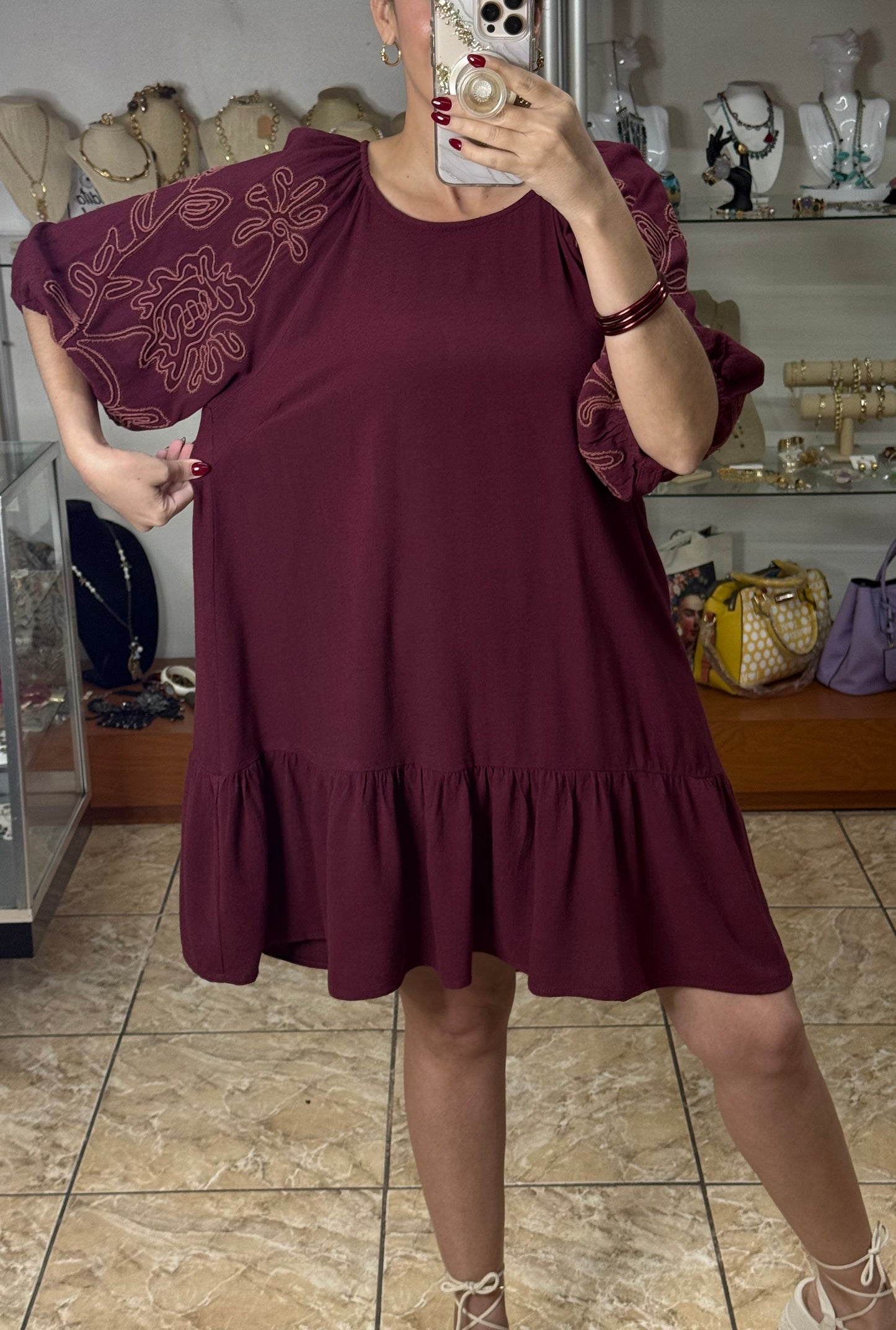 Merlot Embroidered Mini Dress