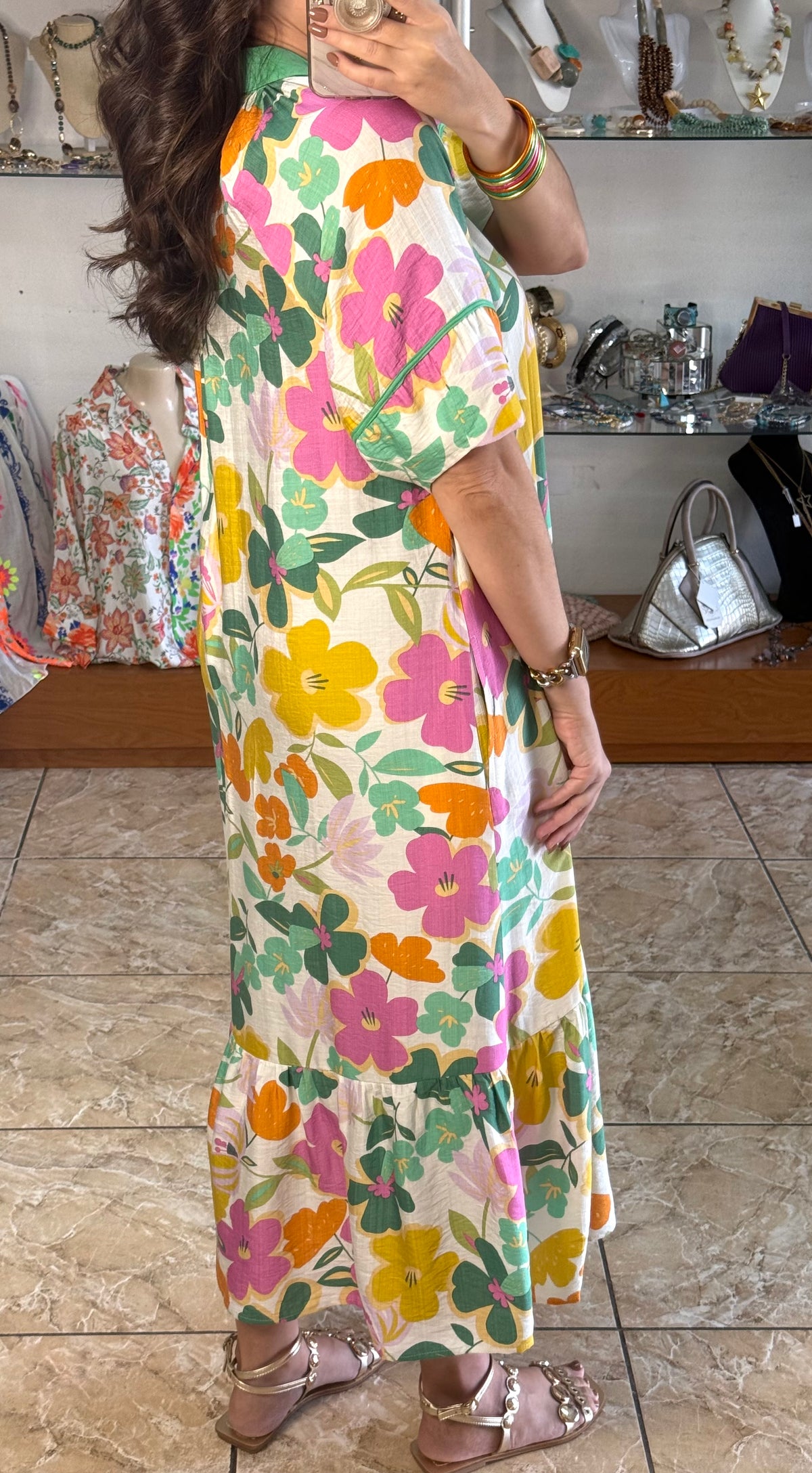 Green Mix Floral Tiered Midi Dress