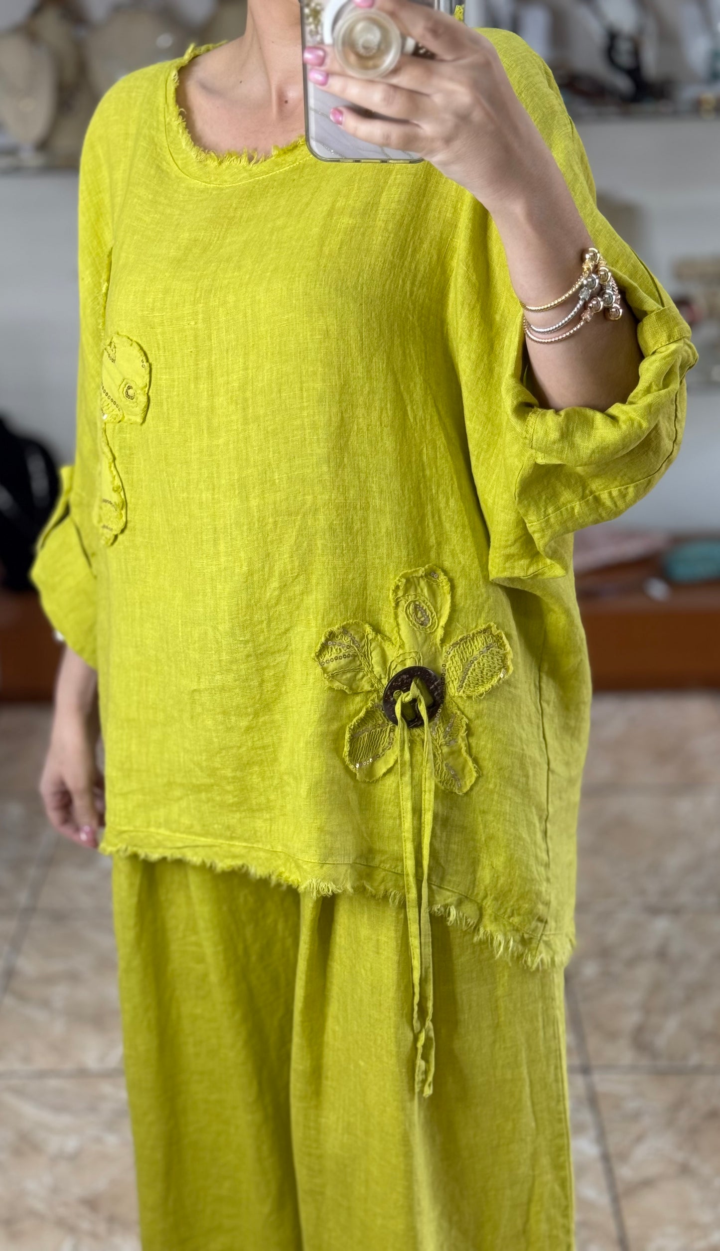 Flower Details OS Linen Pant Set (FINAL SALE)