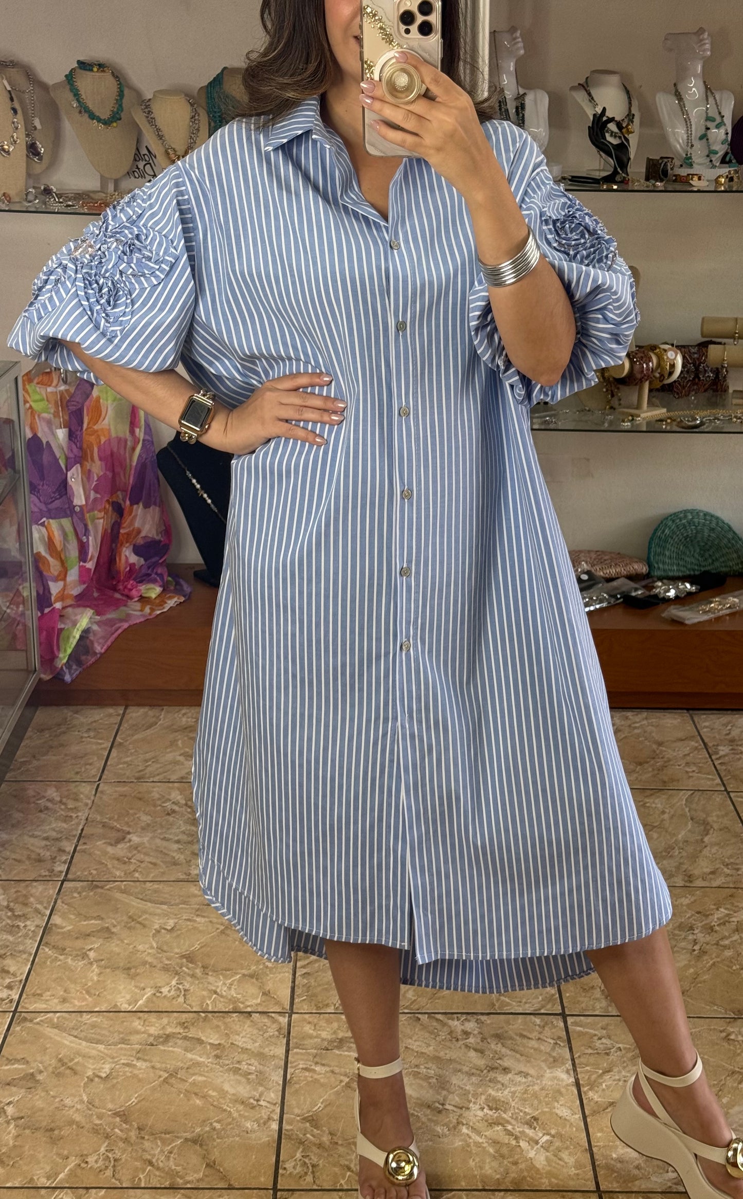 Stripes Puff Sleeves OS Midi Dress (NO RETURNS OR EXCHANGE)