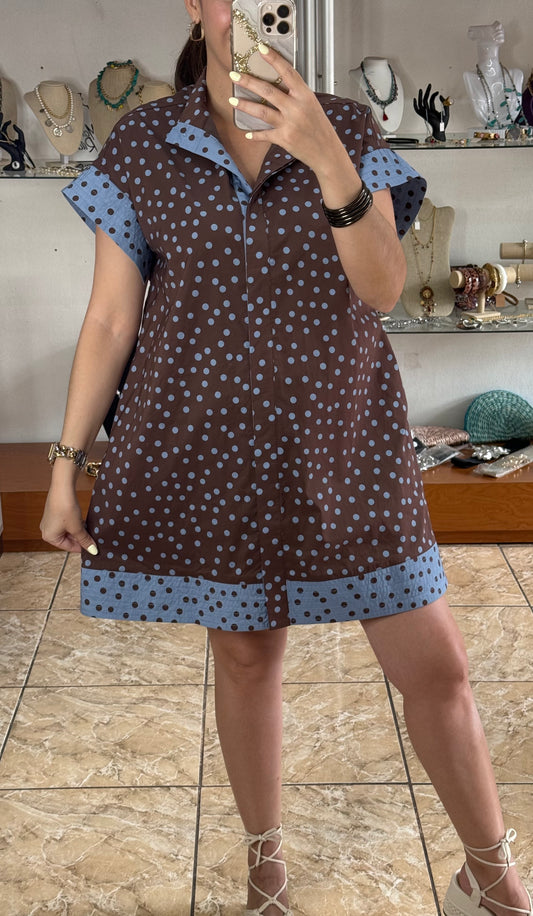Brown/Blue Polkadots Mini Dress