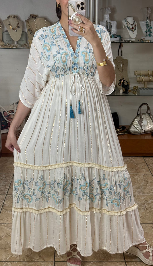 Cream with Blue Paisleys Embroidered OS Dress (FINAL SALE)