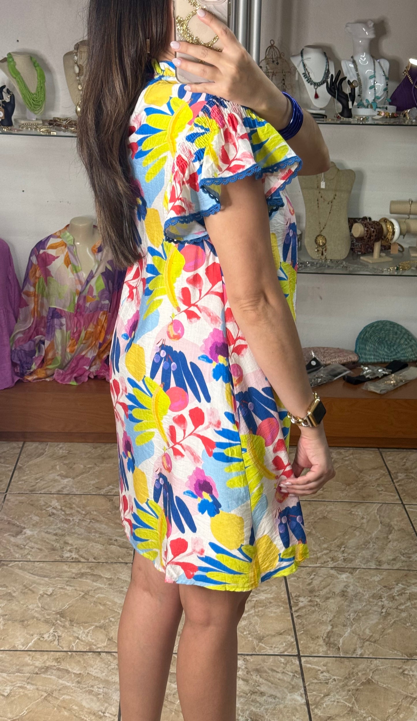 Blue Mix Flutter Sleeves Floral Dress