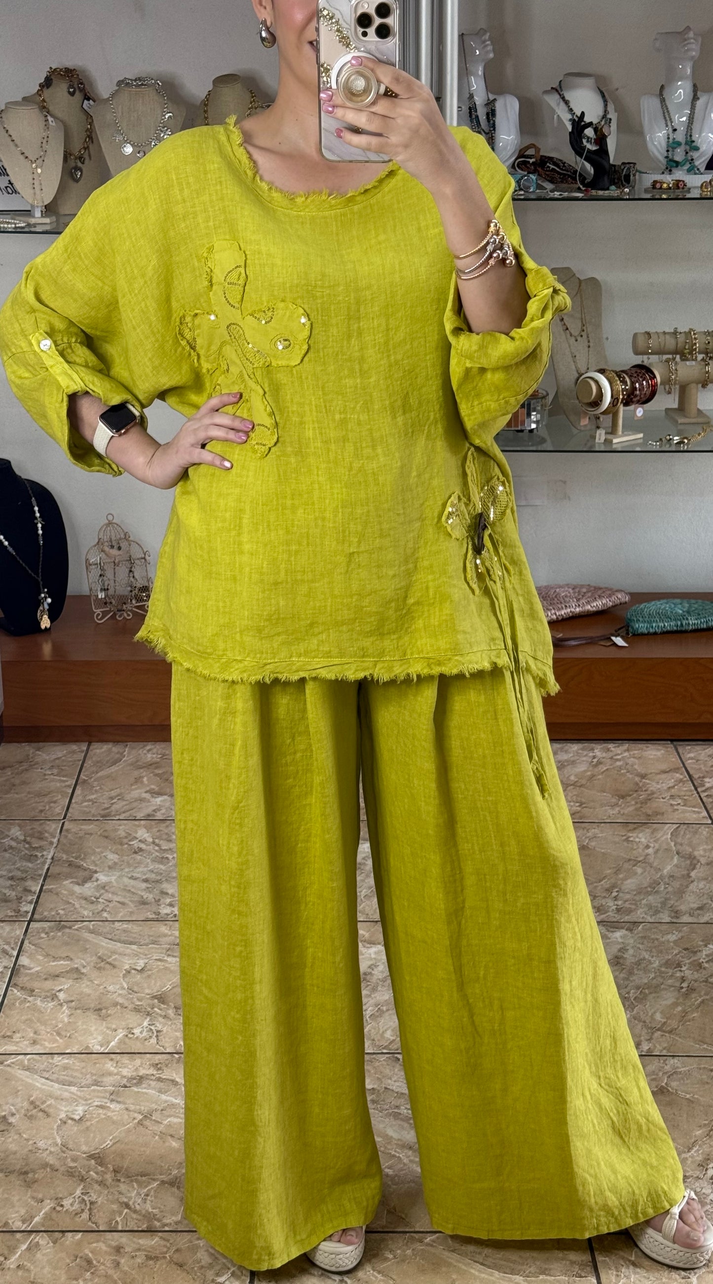 Flower Details OS Linen Pant Set (FINAL SALE)