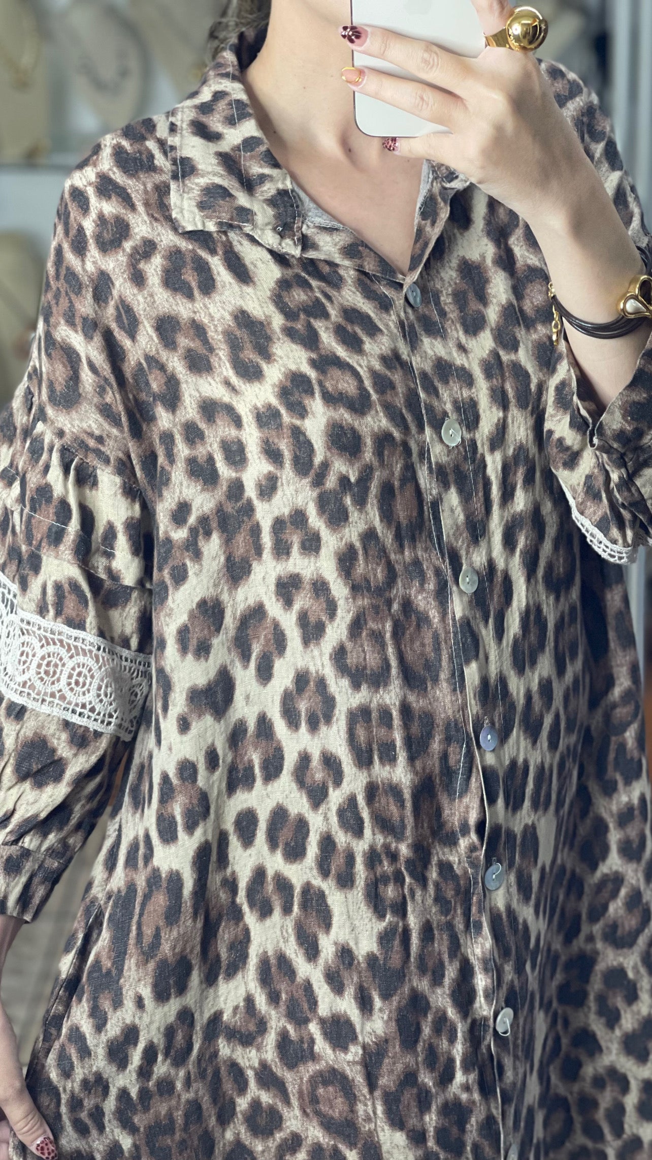 Leopard with Lace Details OS Linen Maxi Dress