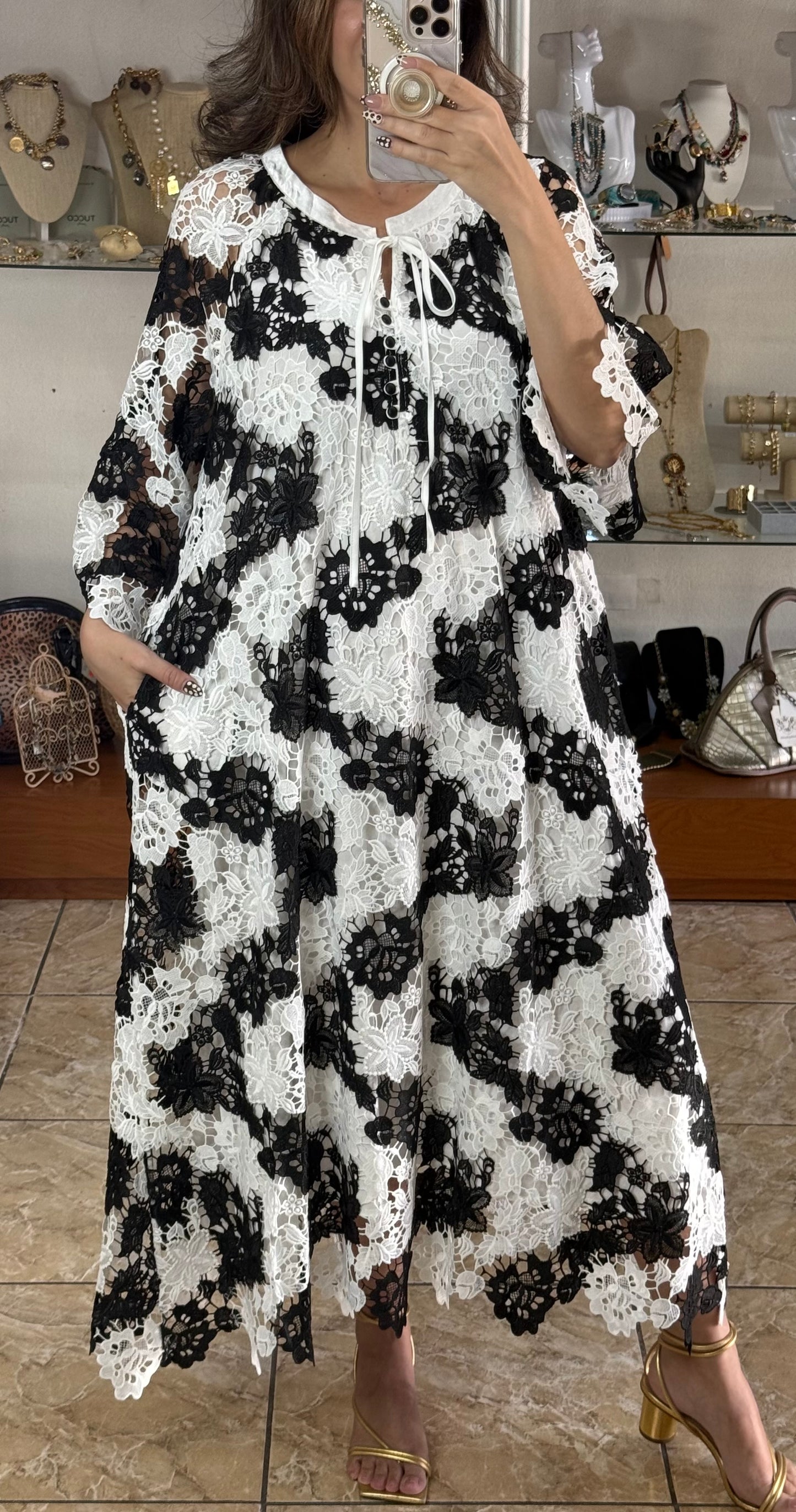 Black and White OS Lace Maxi Dress (FINAL SALE)
