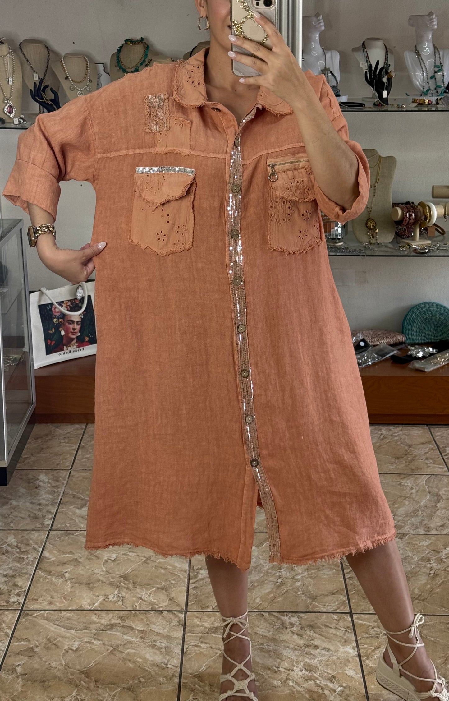 Long Sleeves OS Linen Midi Dress (NO RETURNS OR EXCHANGE)