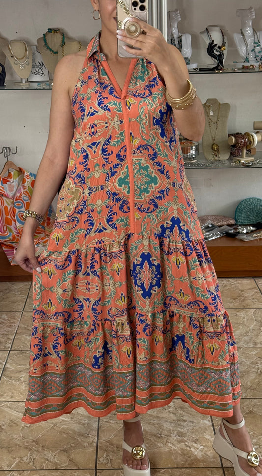 Coral Mix Halter Maxi Dress