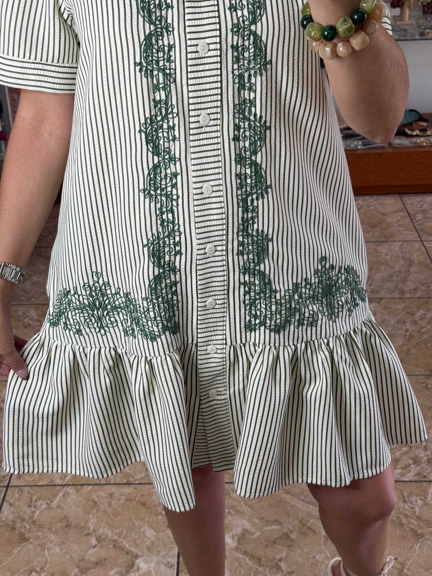 Olive Mix Stripes/Embroidered Dress