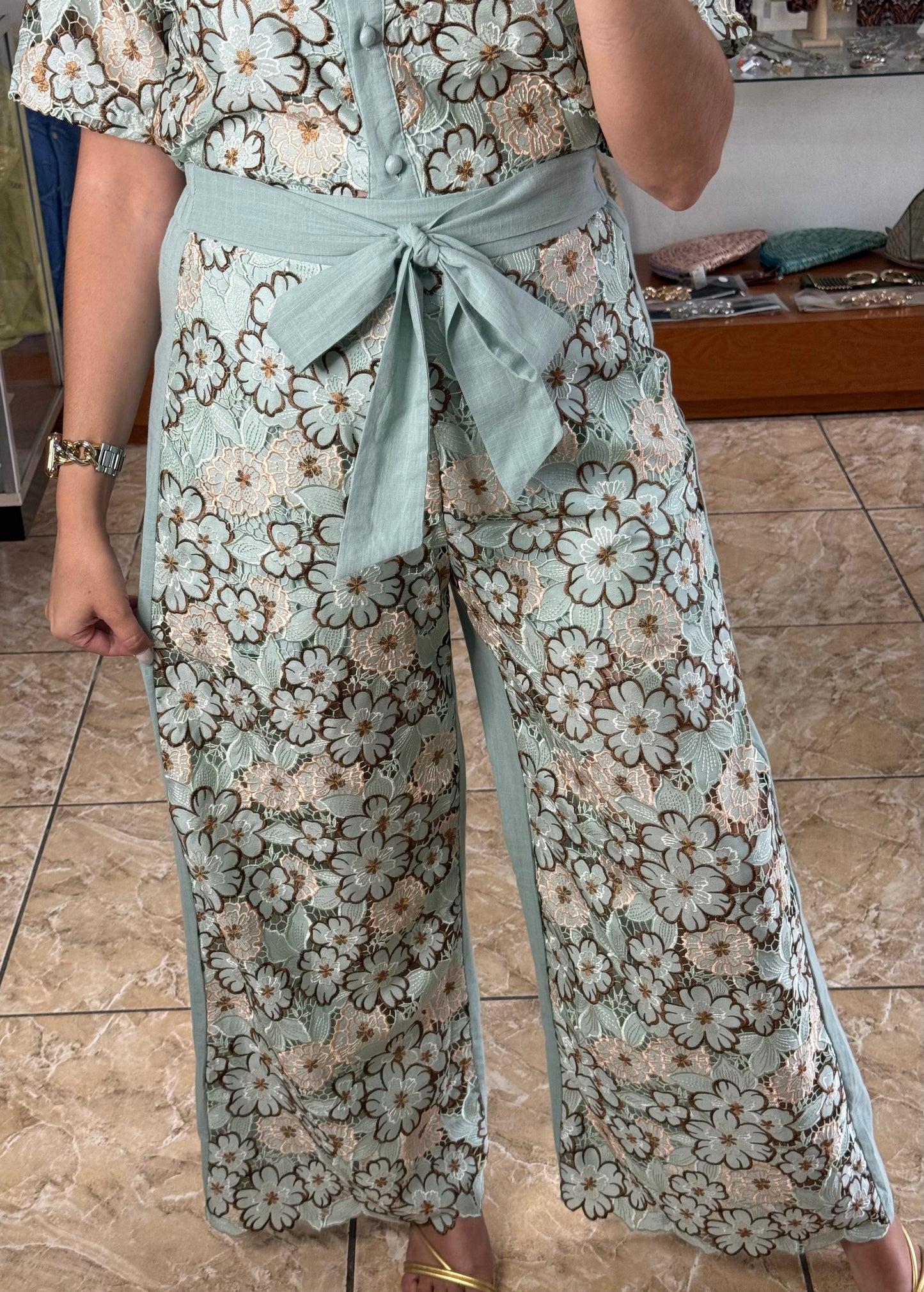 Sage Floral Lace Top & Pant Set