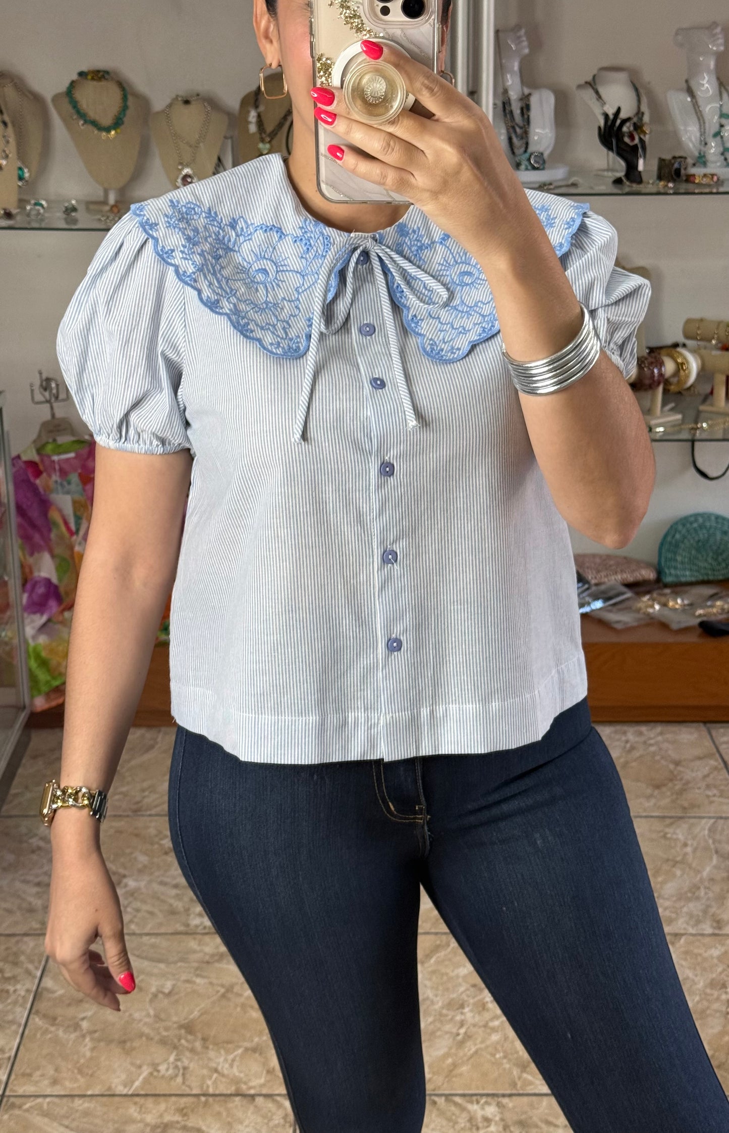 Peter Pan Neck Embroidered Stripes Top