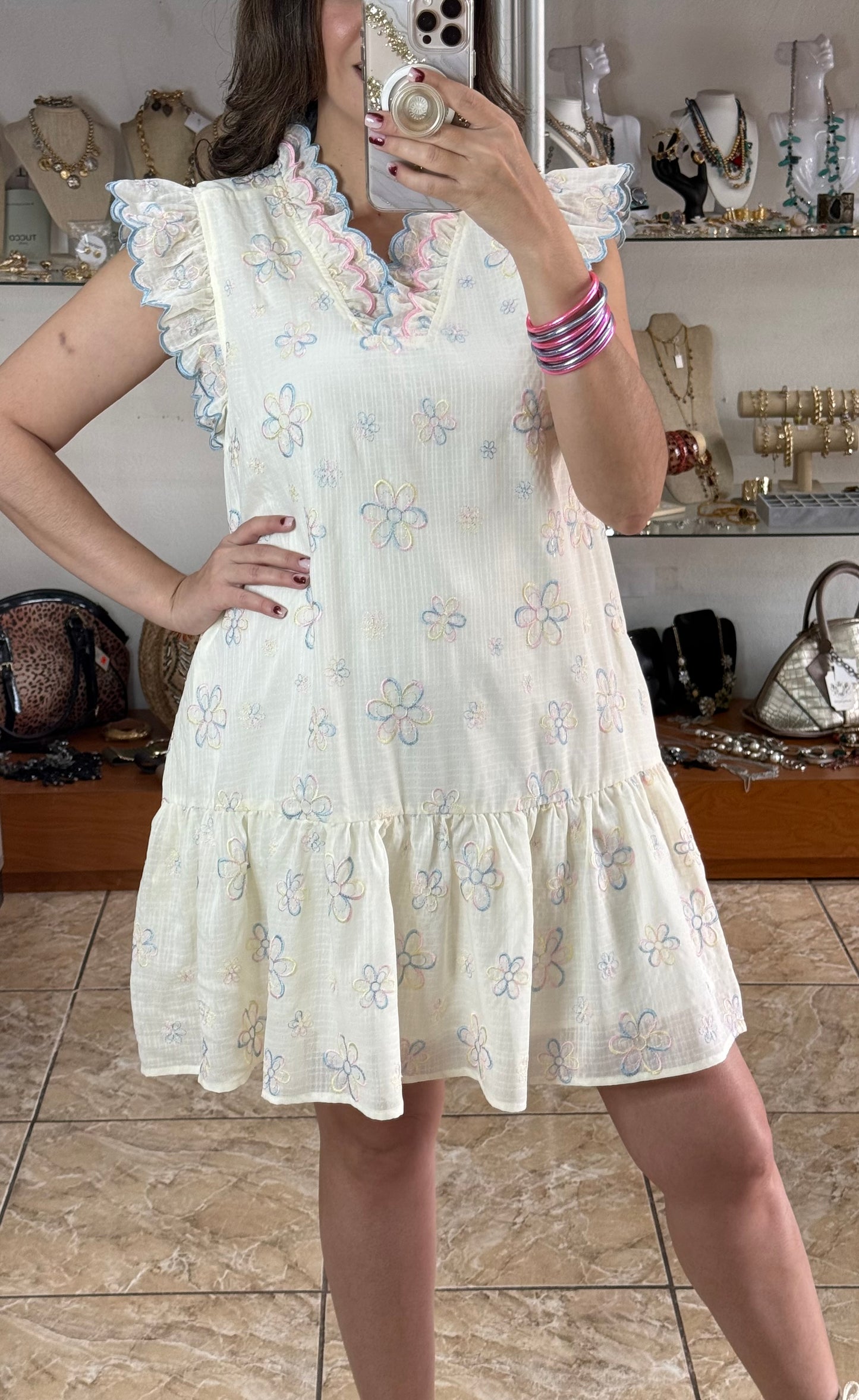 Pastel Floral Embroidered Mini Dress