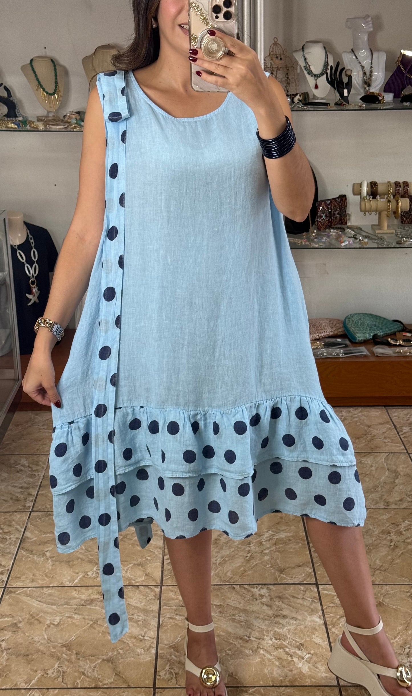 Navy Polkadots OS Linen Short Dress (NO RETURNS OR EXCHANGE)