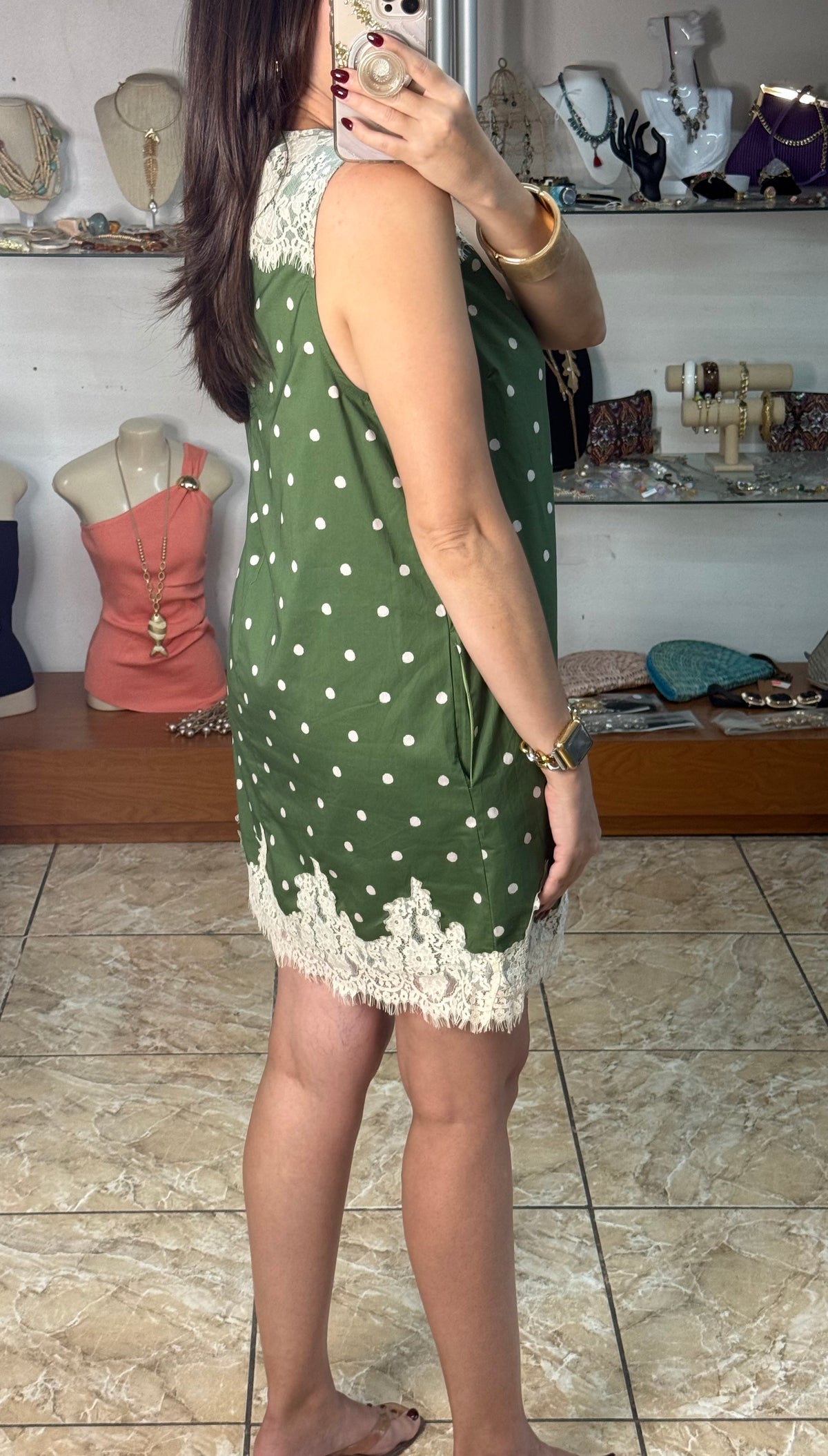 Sleeveless Olive Polkadot with Lace Details Dress