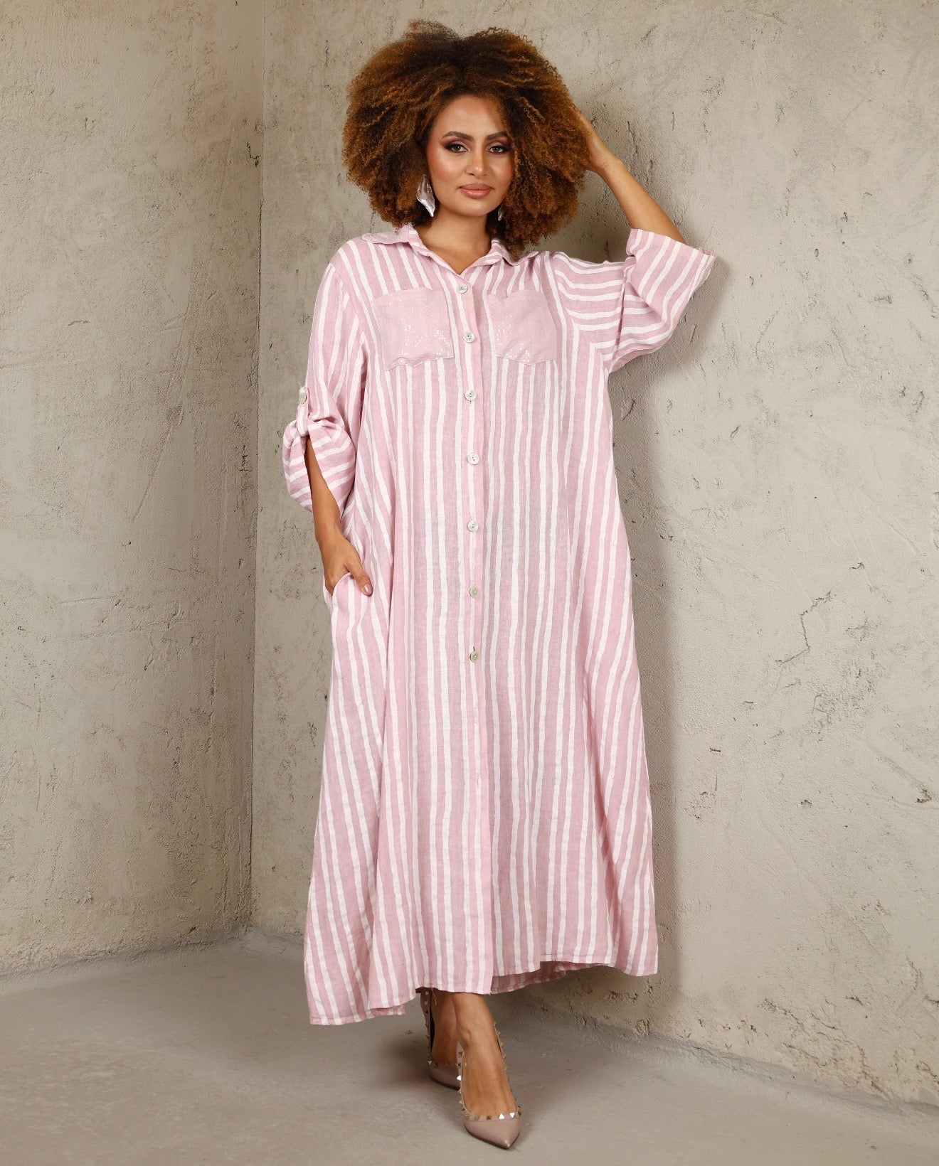 Stripes Button Down OS Linen Maxi Dress (NO RETURNS OR EXCHANGE)