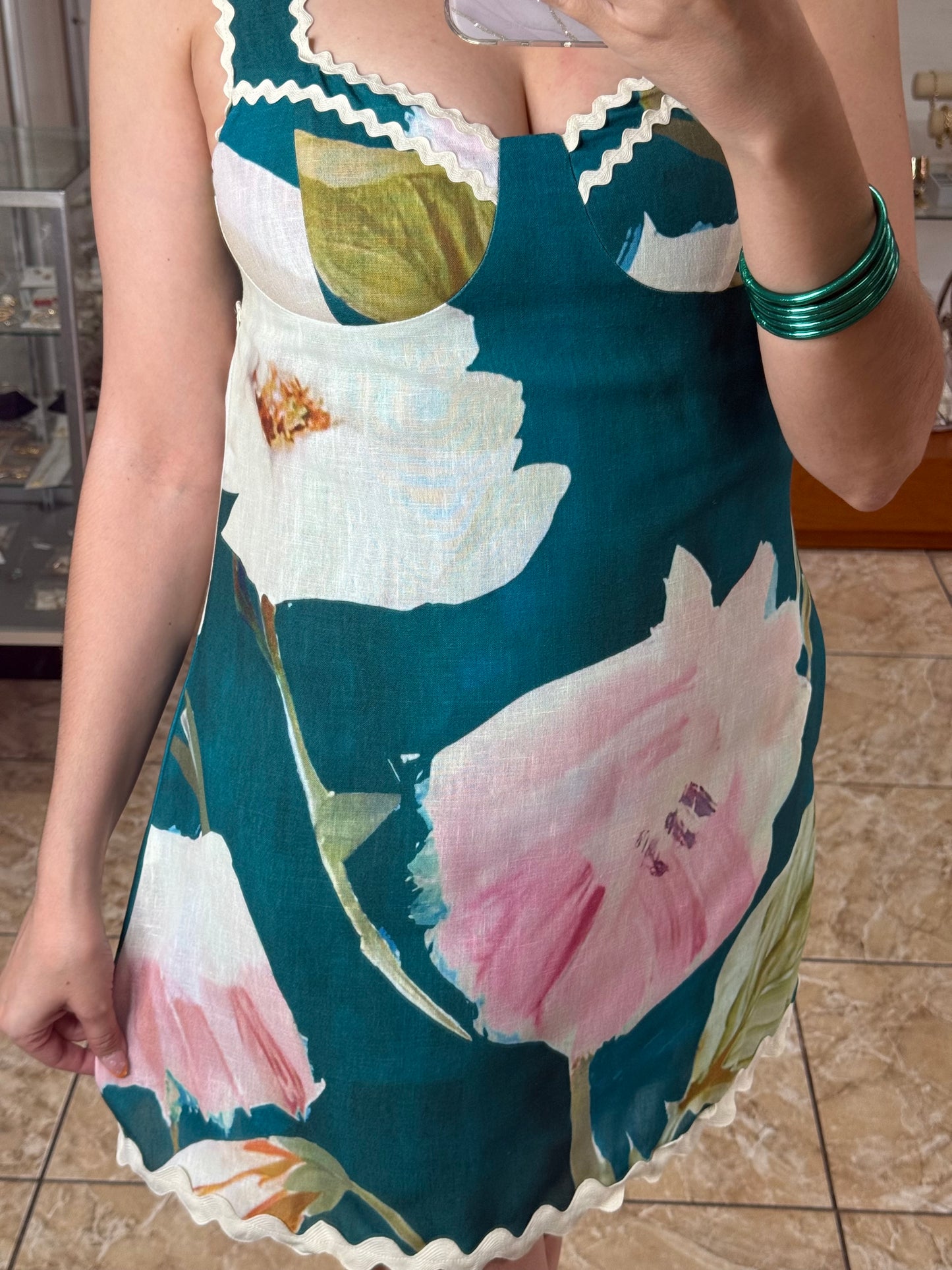 Teal Floral Open Back Mini Dress