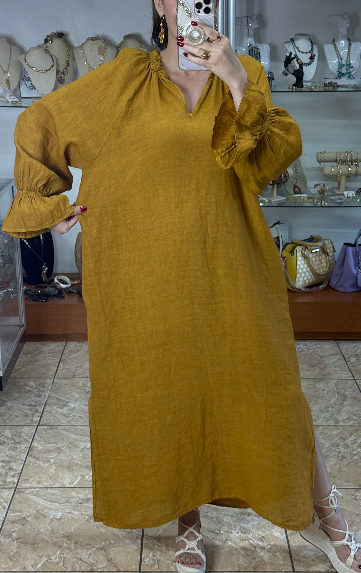 Long Sleeves OS Linen Maxi Dress (FINAL SALE)