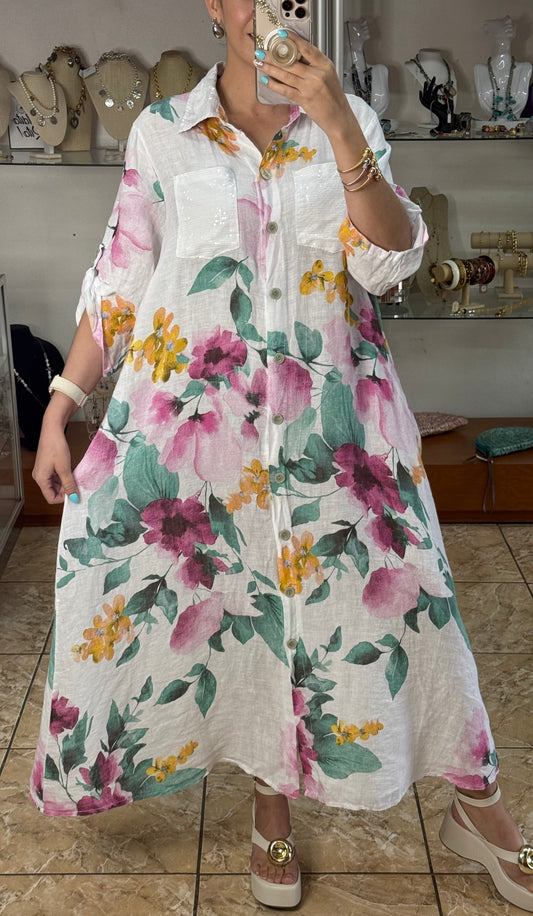 White/Pink Floral Button Down OS Maxi Dress (FINAL SALE)