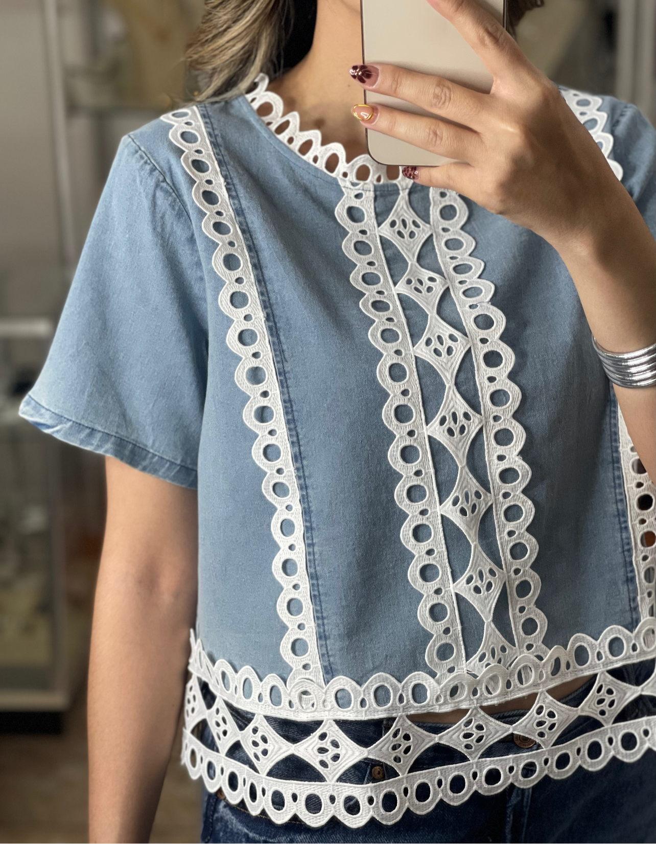 Light Denim and Lace Top