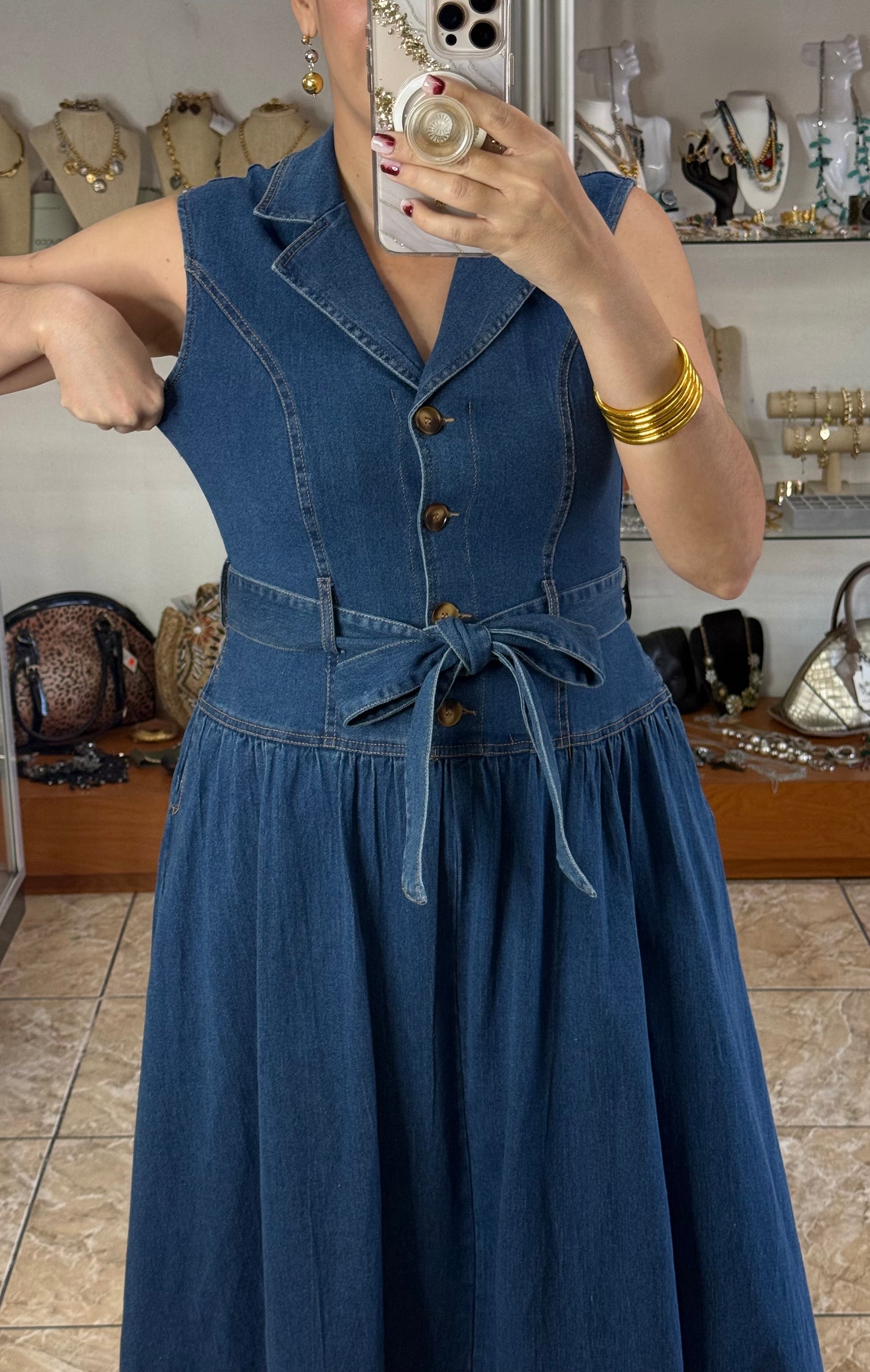 Sleeveless Belted Denim Dress