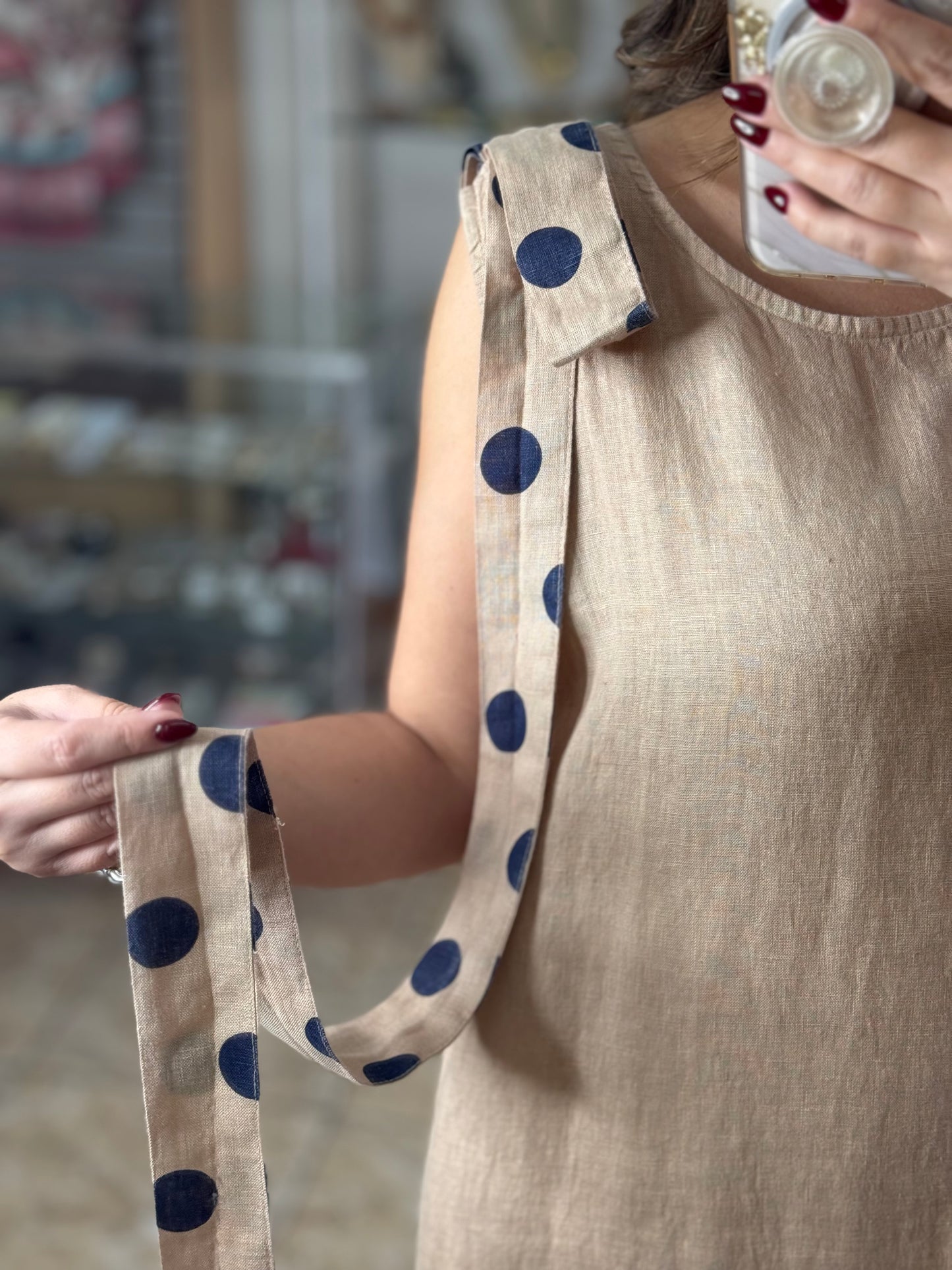 Navy Polkadots OS Linen Short Dress (NO RETURNS OR EXCHANGE)