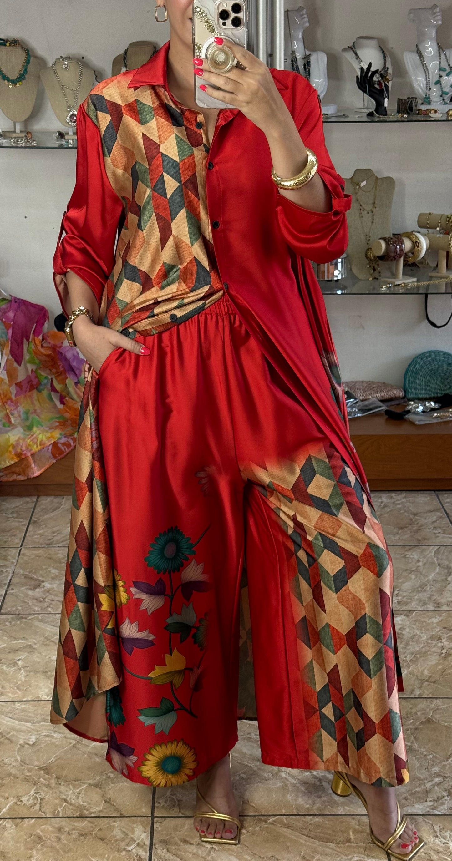 Mix Print OS Silk Top/Dress & Pant Set (NO RETURNS OR EXCHANGE)