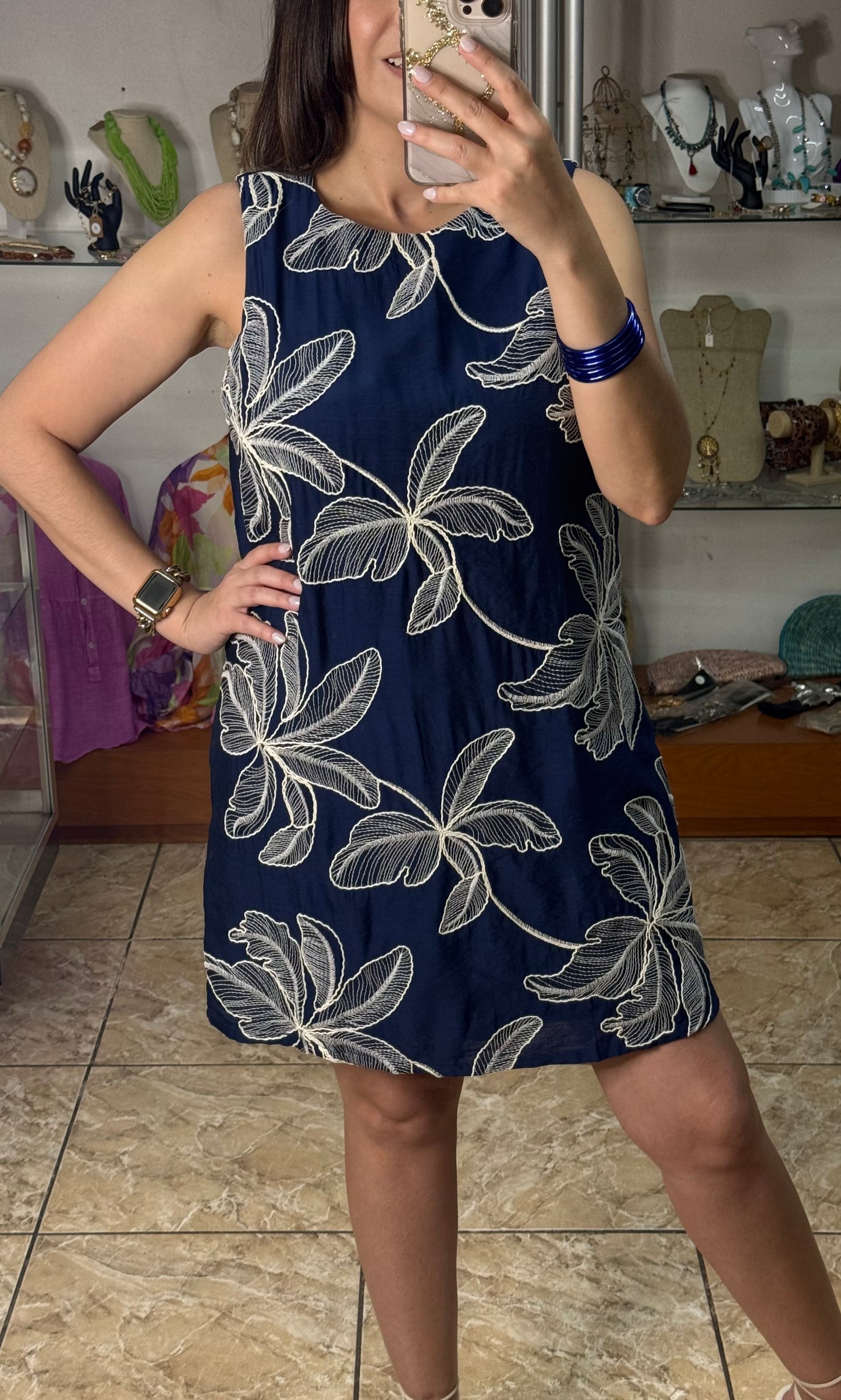 Navy Embroidered Sleeveless Dress