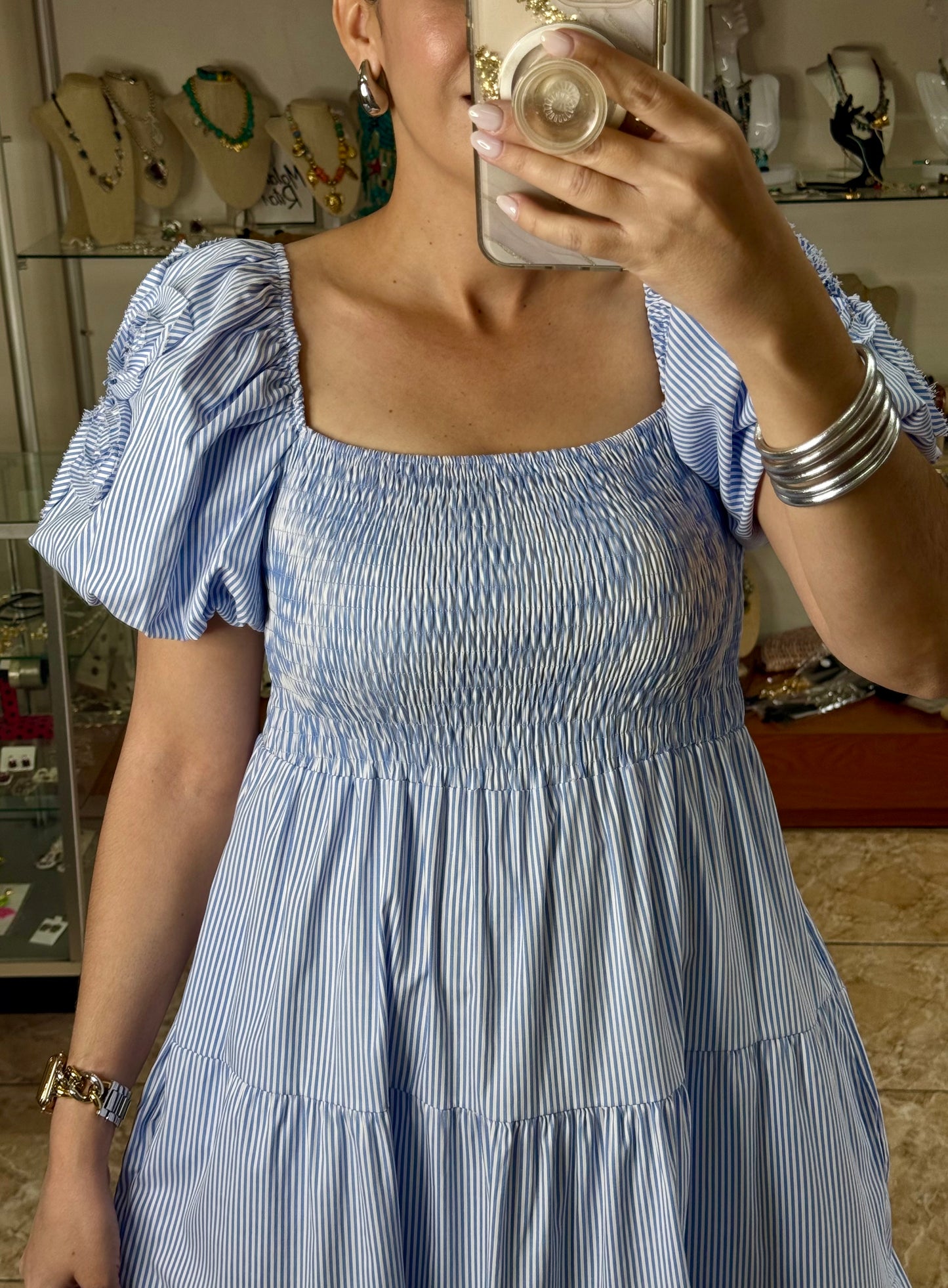Blue Stripes Puff Sleeves OS Maxi Dress (NO RETURNS OR EXCHANGE)