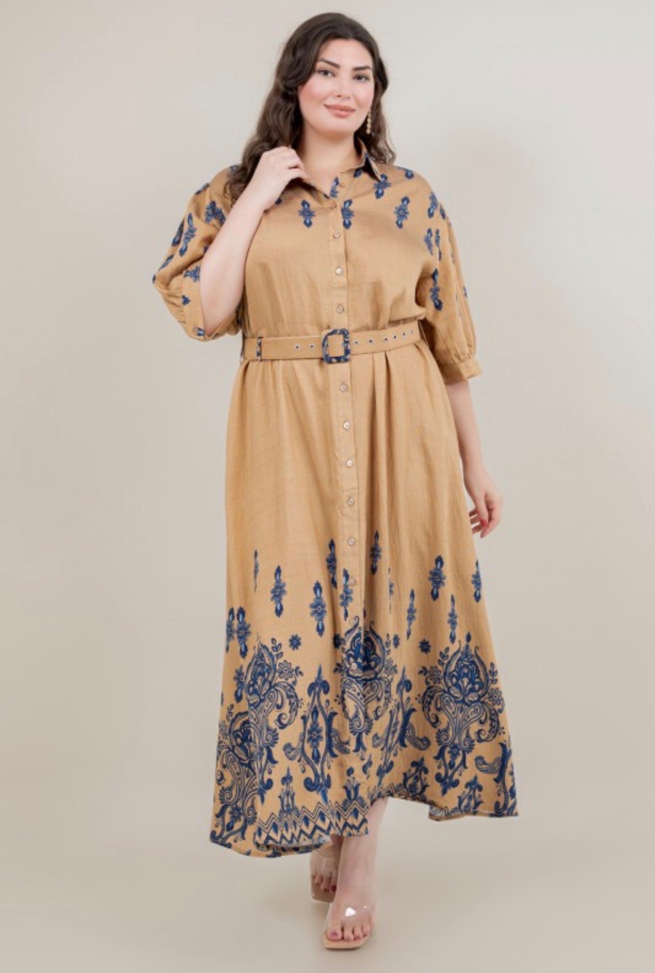 Khaki/Blue Maxi Floral Button Down Dress (Reg and Plus)