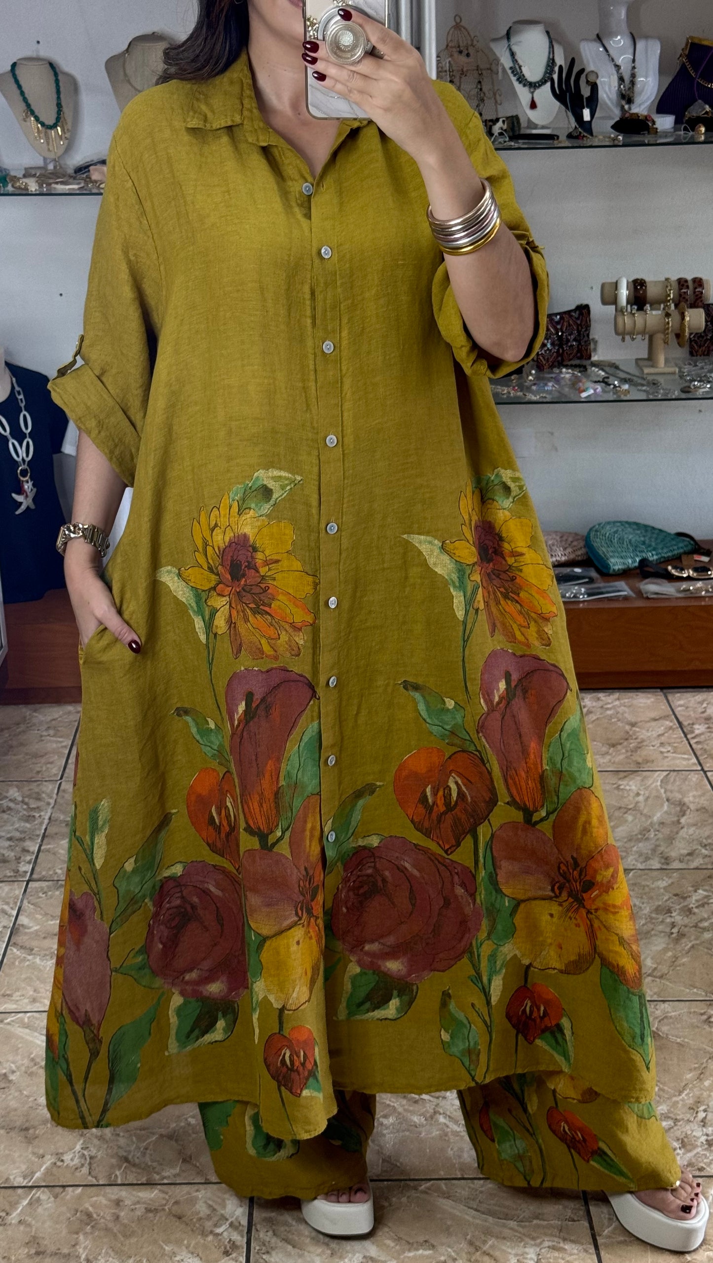 OS Shirt Dress & Pant Floral Linen Set (NO RETURNS OR EXCHANGE)