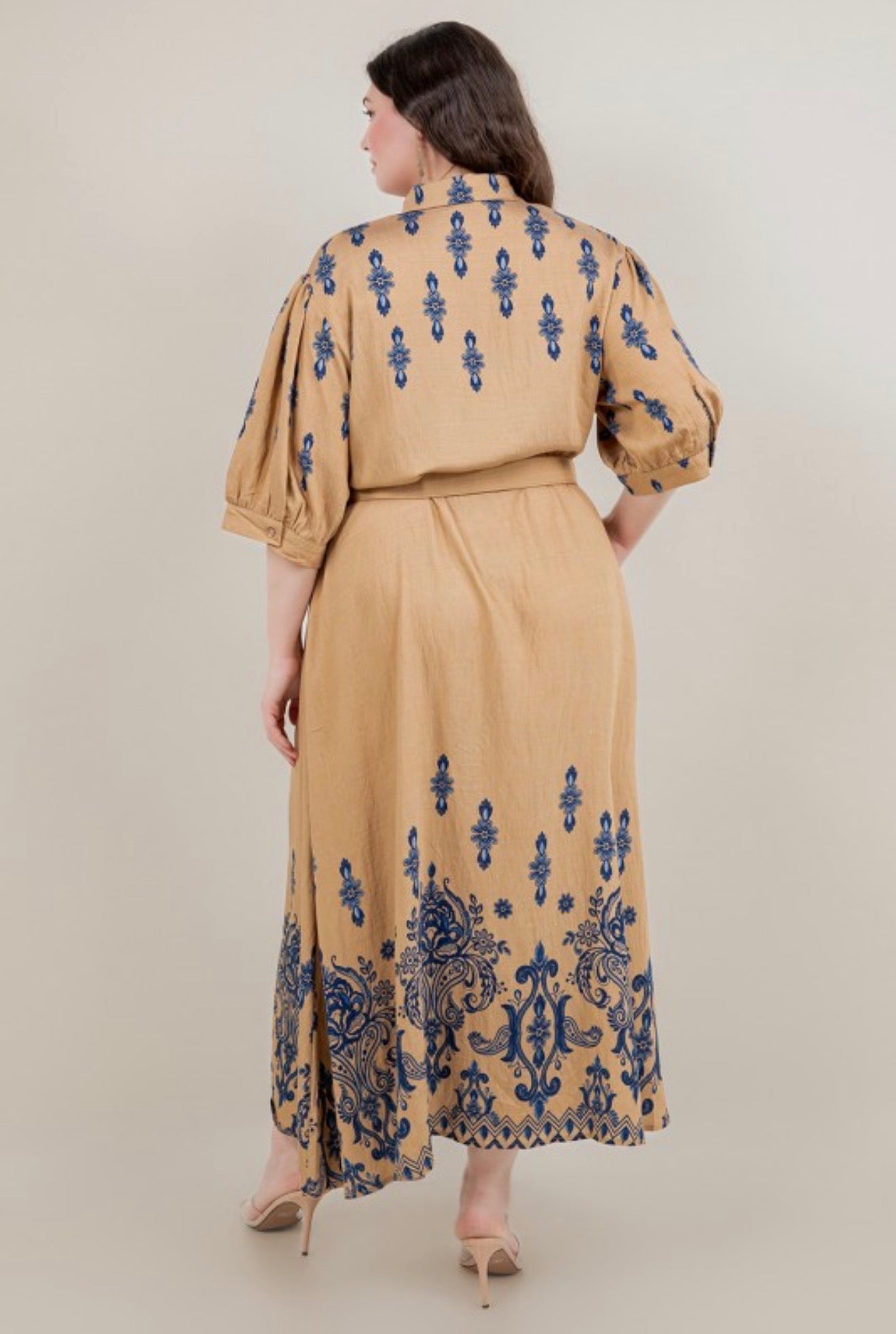 Khaki/Blue Maxi Floral Button Down Dress (Reg and Plus)