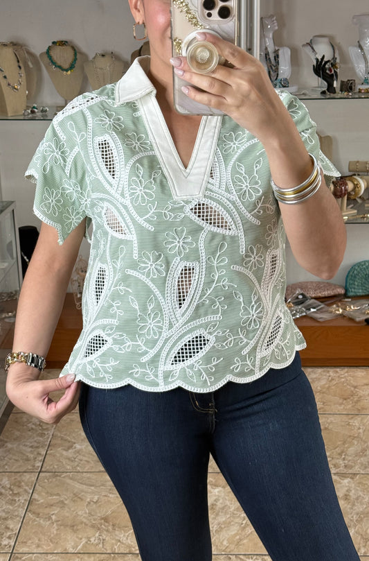 Green Stripes Floral Embroidered Top