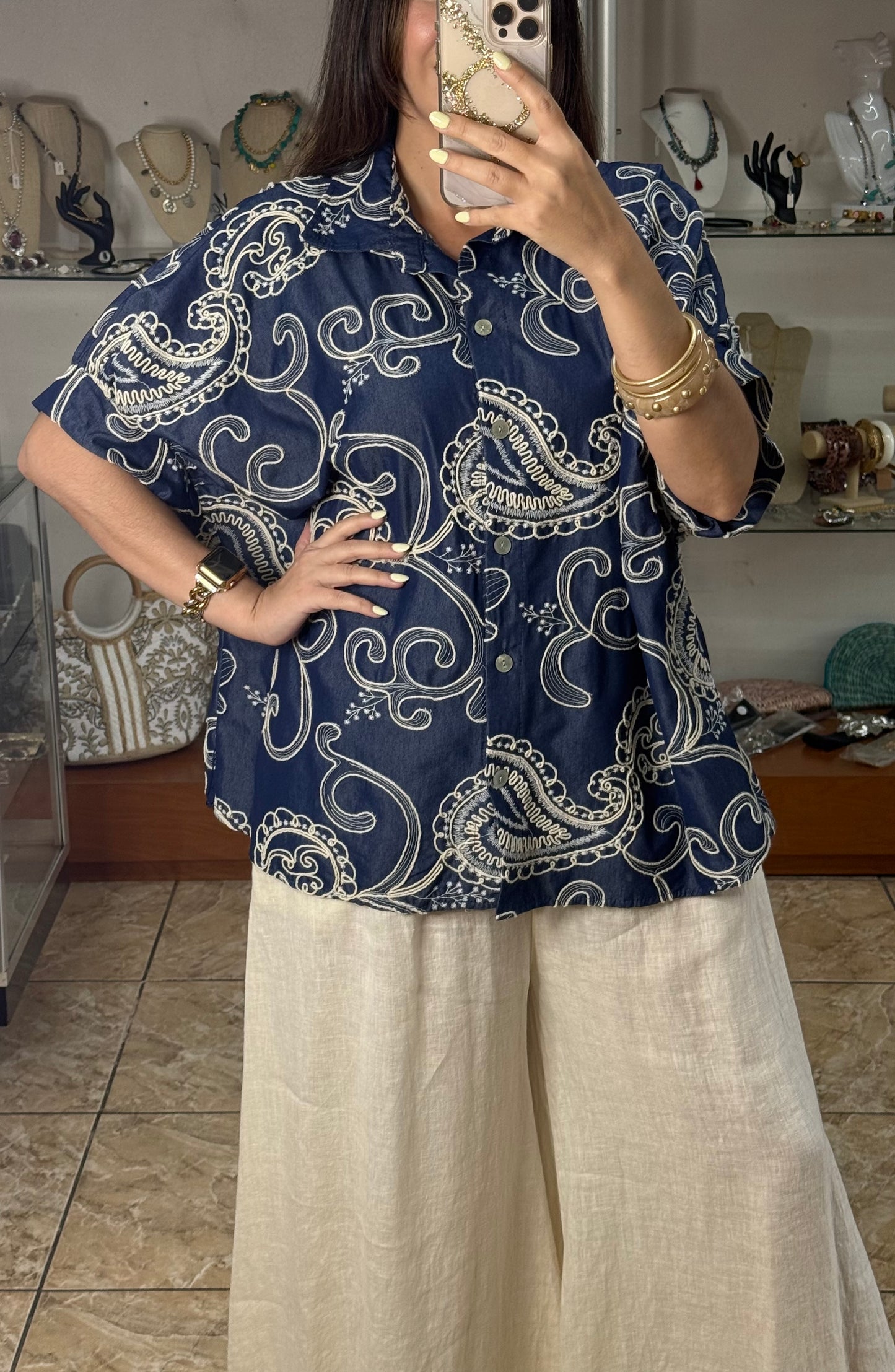 OS Blue Denim Embroidered Tunic Top (NO RETURNS OR EXCHANGE)