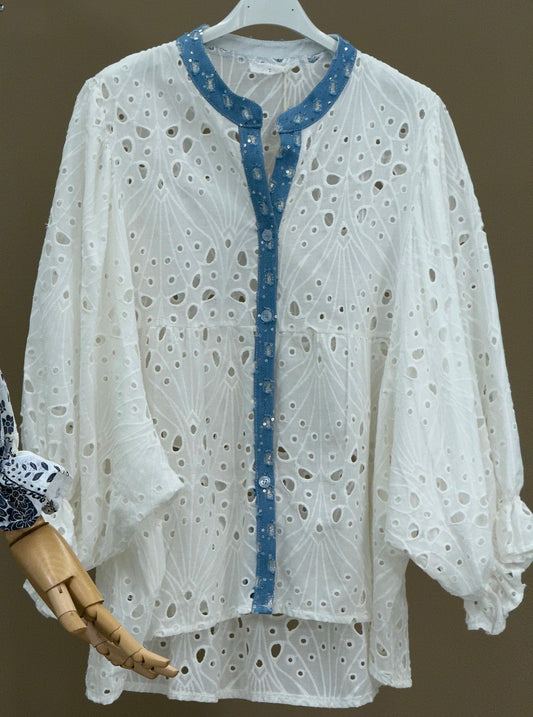 OS Eyelet Top with Denim Details (NO RETURNS OR EXCHANGE)