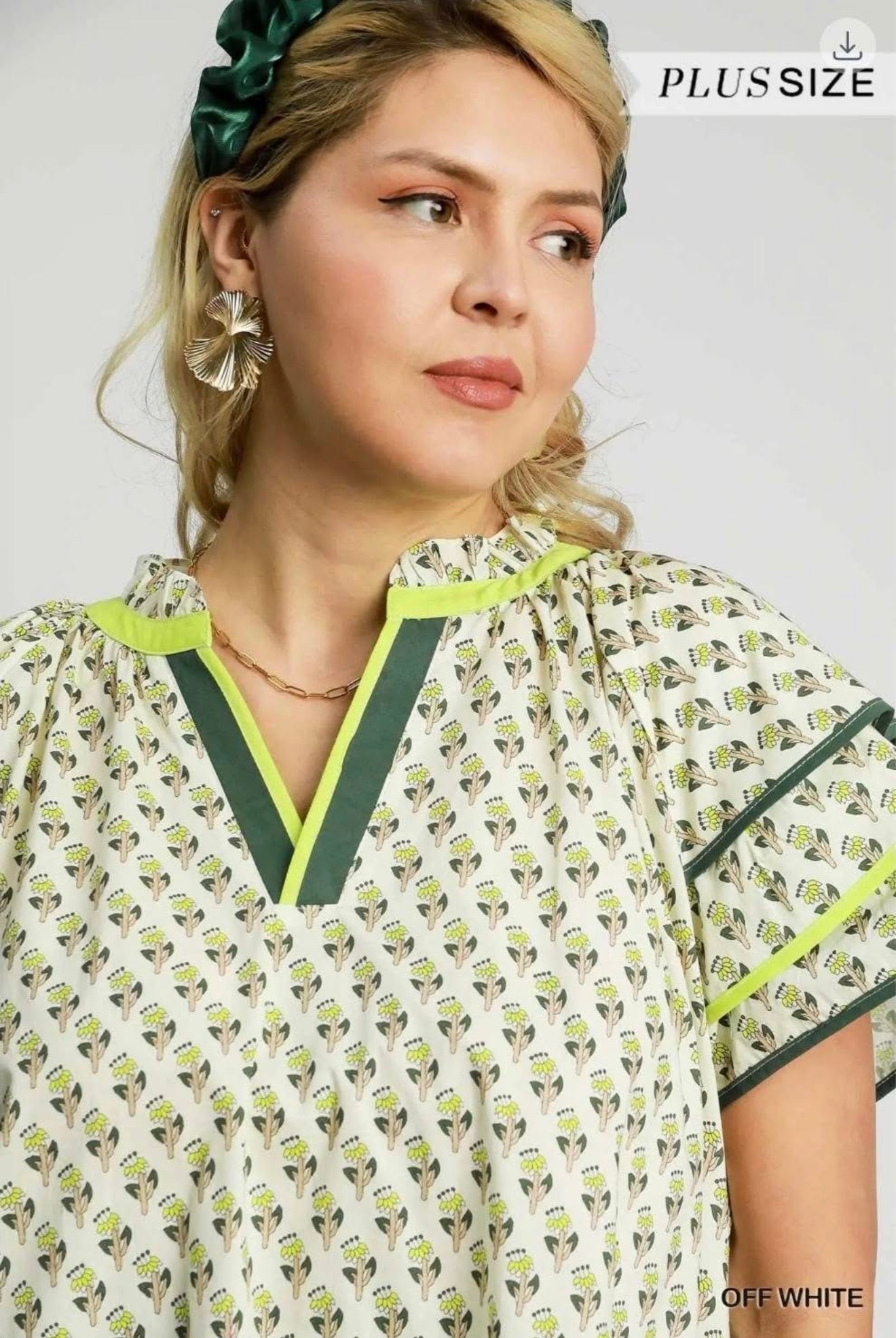 Green/Off White Mix Flutter Sleeves Mini Dress (PLUS)