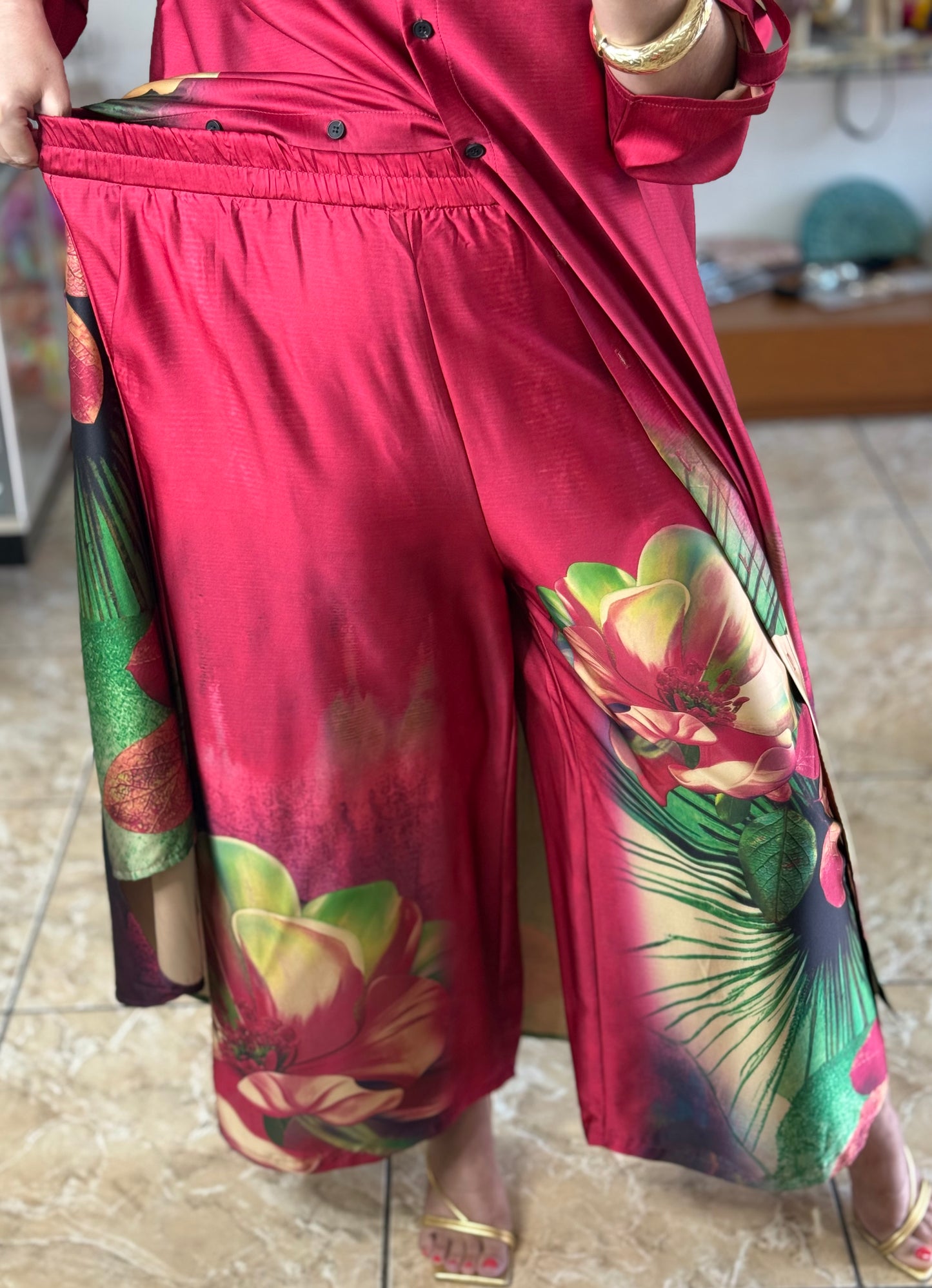 Pink Floral Silk OS Top/Dress & Pant Set (NO RETURNS OR EXCHANGE)