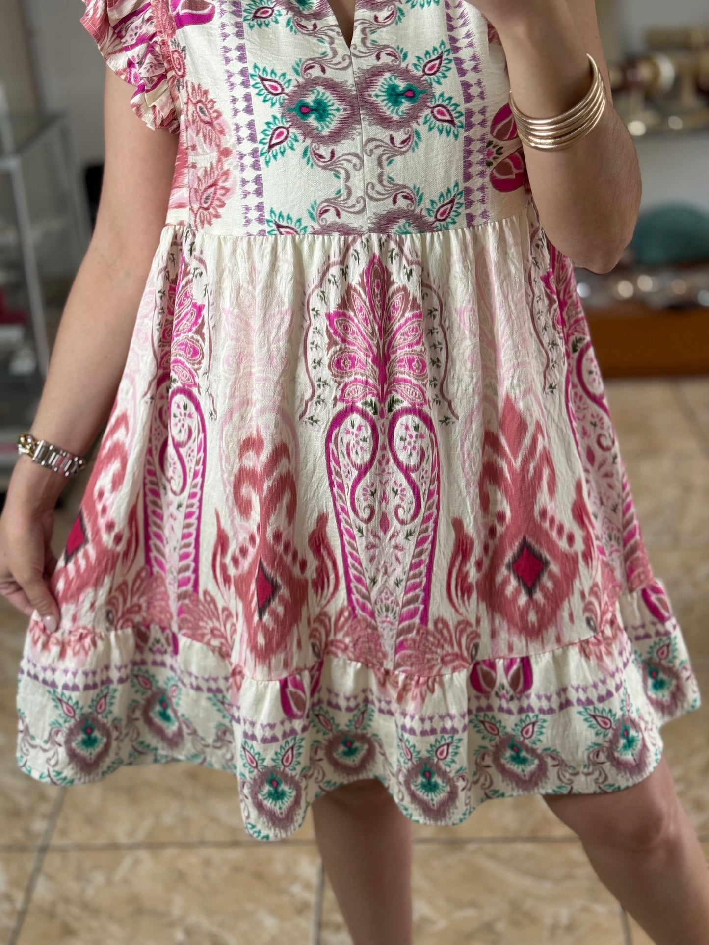 Pink Mix Ruffle Sleeves Boho Print Dress