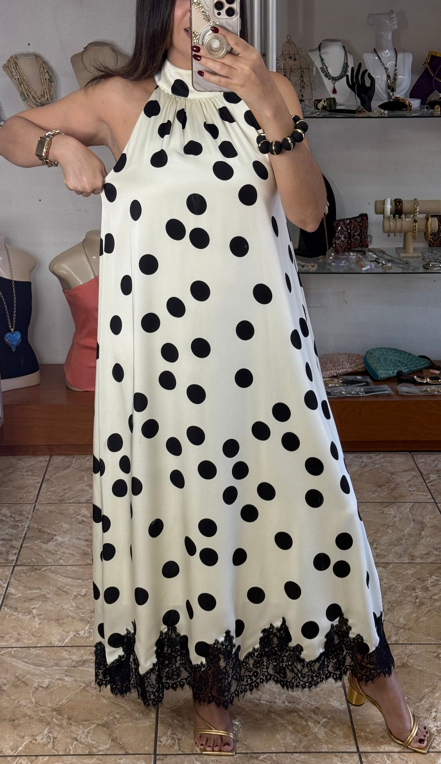Halter Cream/Black Polkadots with Lace Maxi Dress (NO RETURNS OR EXCHANGE)