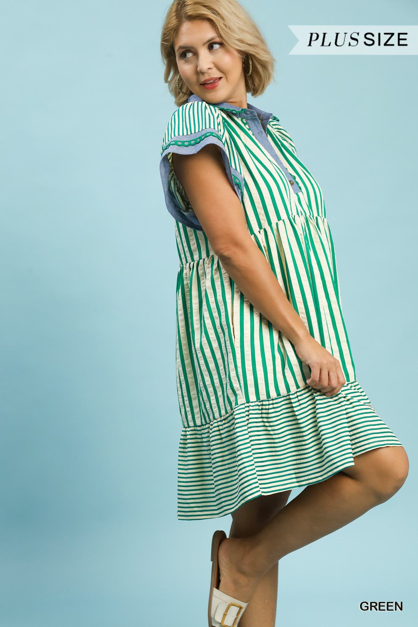 Green Stripes Flutter Sleeve Mini Dress (PLUS)
