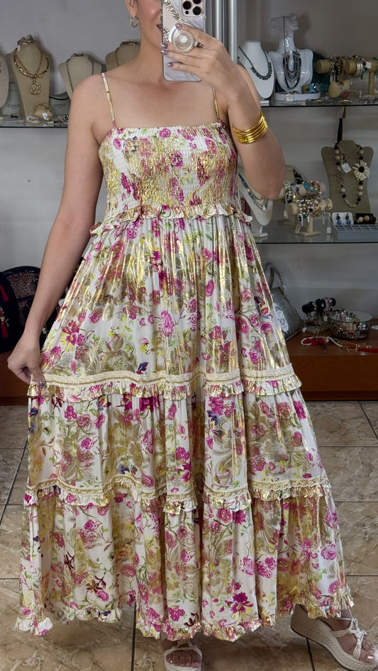 Pink Floral with Gold Details Maxi Dress (FINAL SALE)