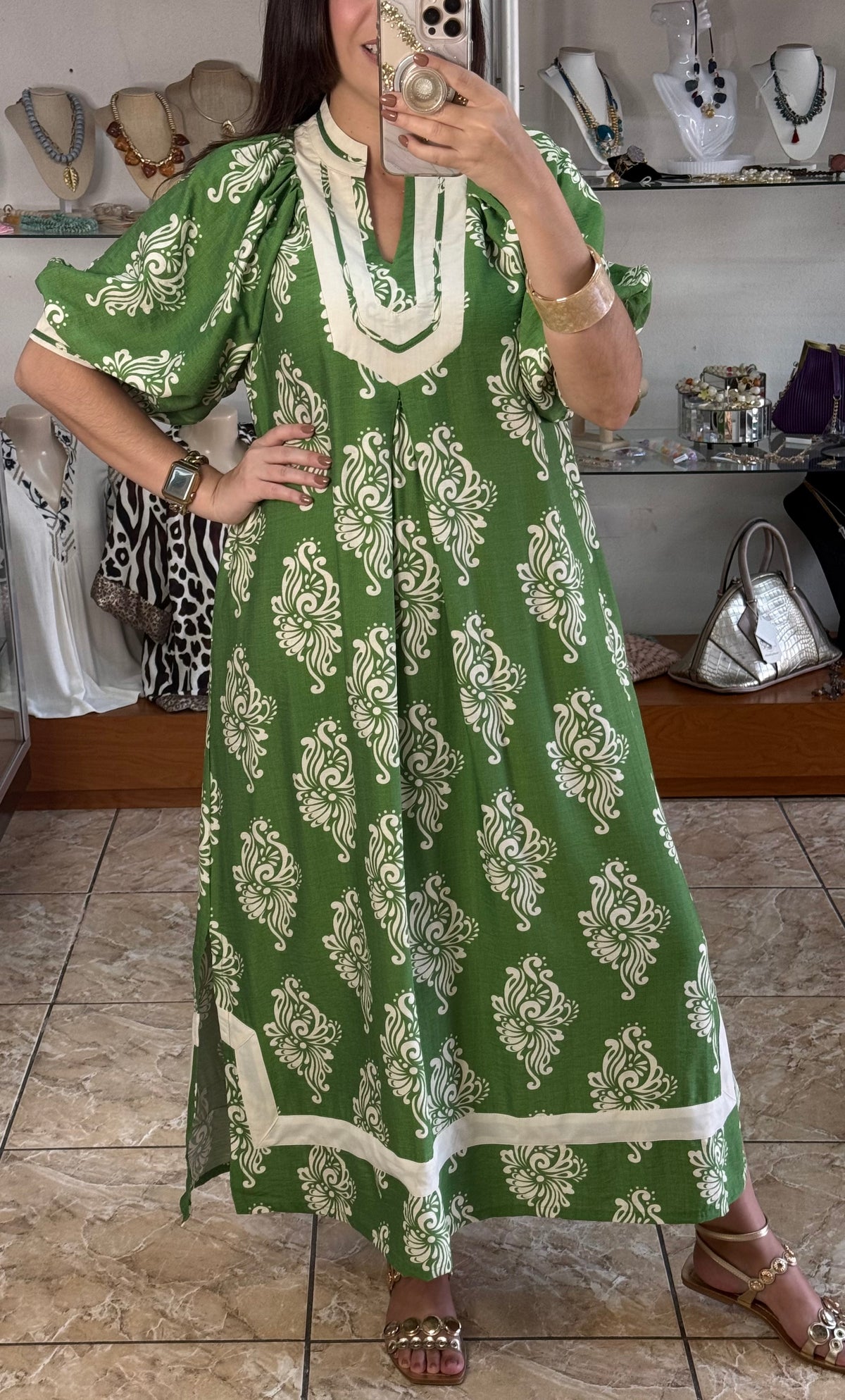 Green Abstract Print Midi Dress