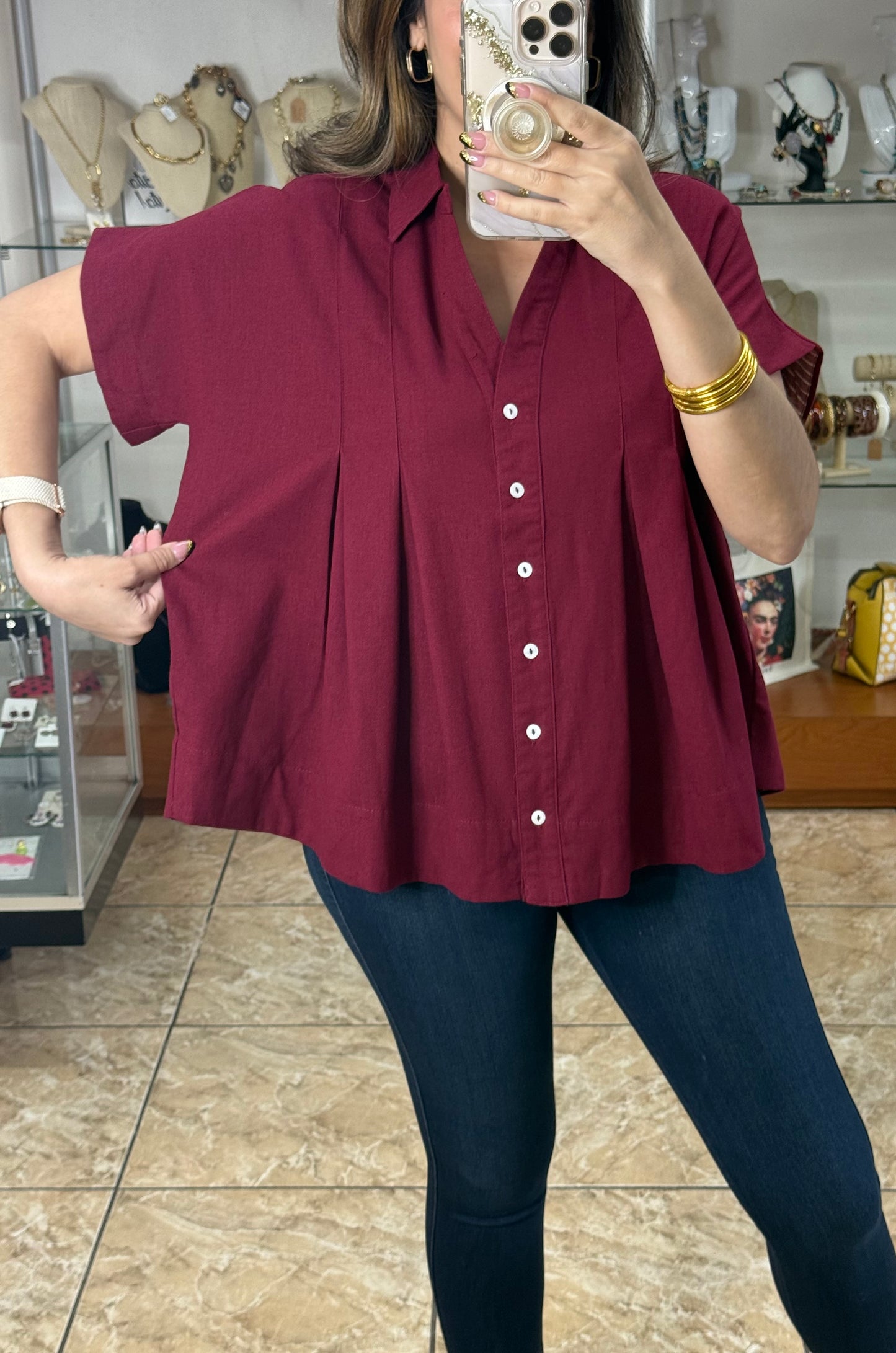 Burgundy Linen Blend Top